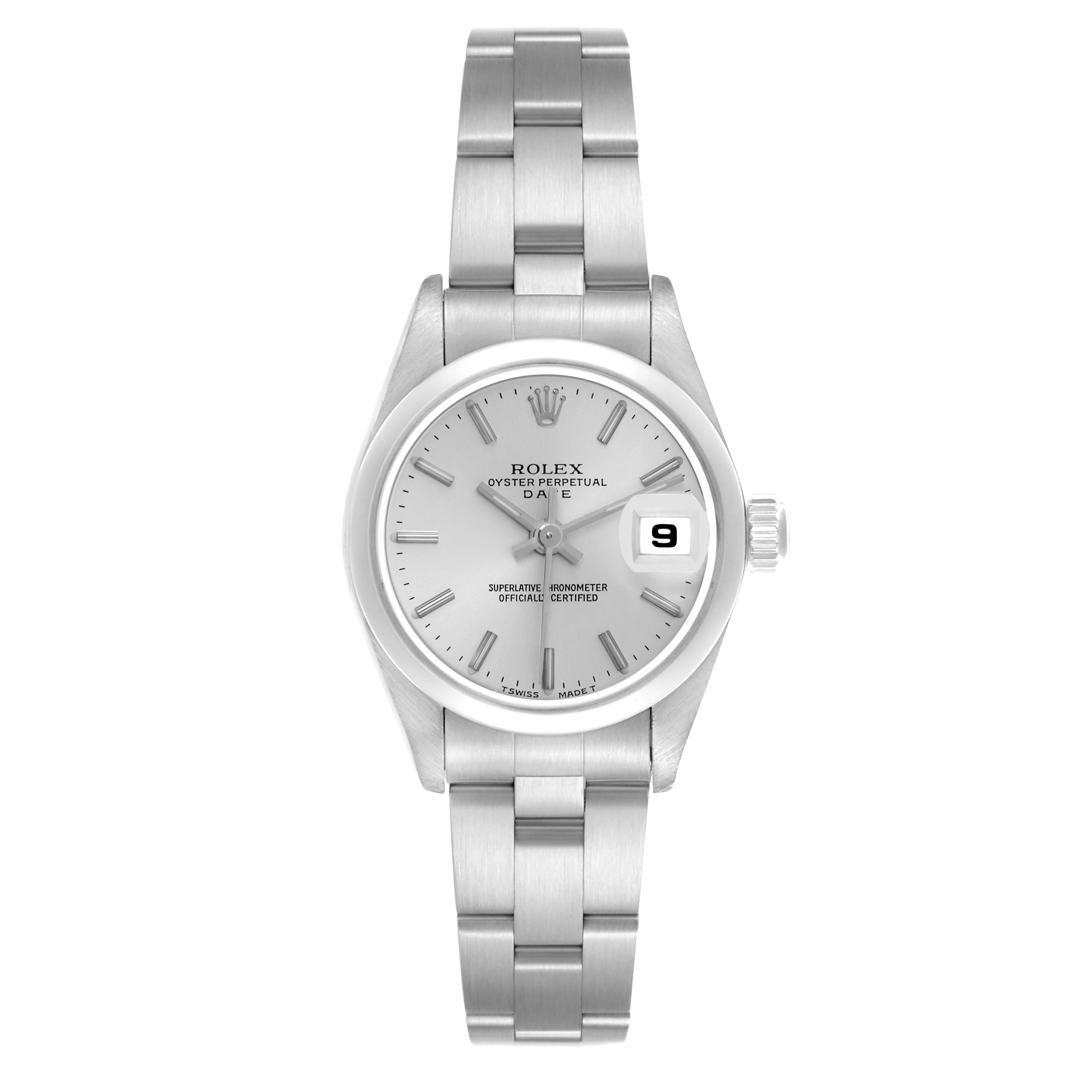 The Rolex Date 69160 Women's Stainless Steel Silver Dial 69160 Women's Stainless Steel Silver Dial watch is shown face-on, highlighting its dial, bracelet, and date feature.