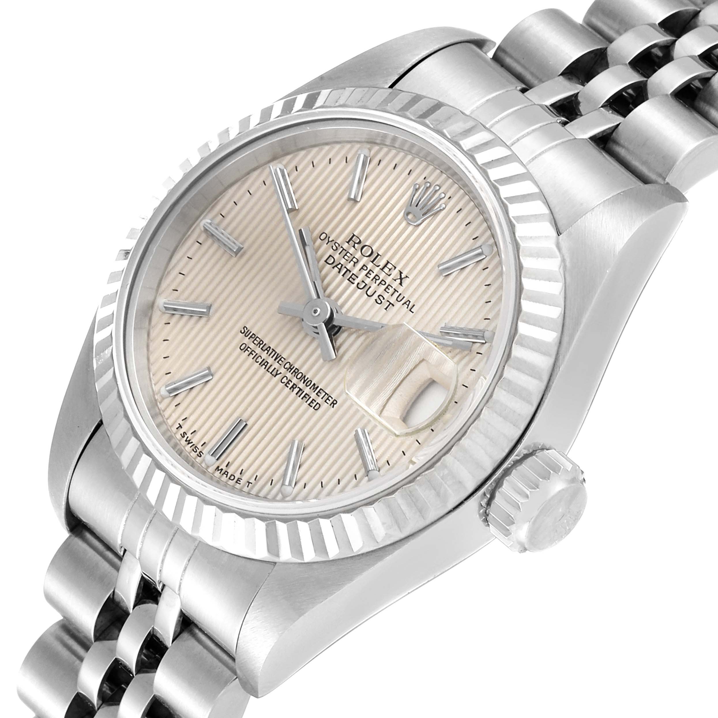 The photo shows a Rolex Datejust 69174 Women
s Stainless Steel Silver Dial 69174 Women
s Stainless Steel Silver Dial watch angled slightly from above, highlighting the dial, bezel, crown, and part of the bracelet.