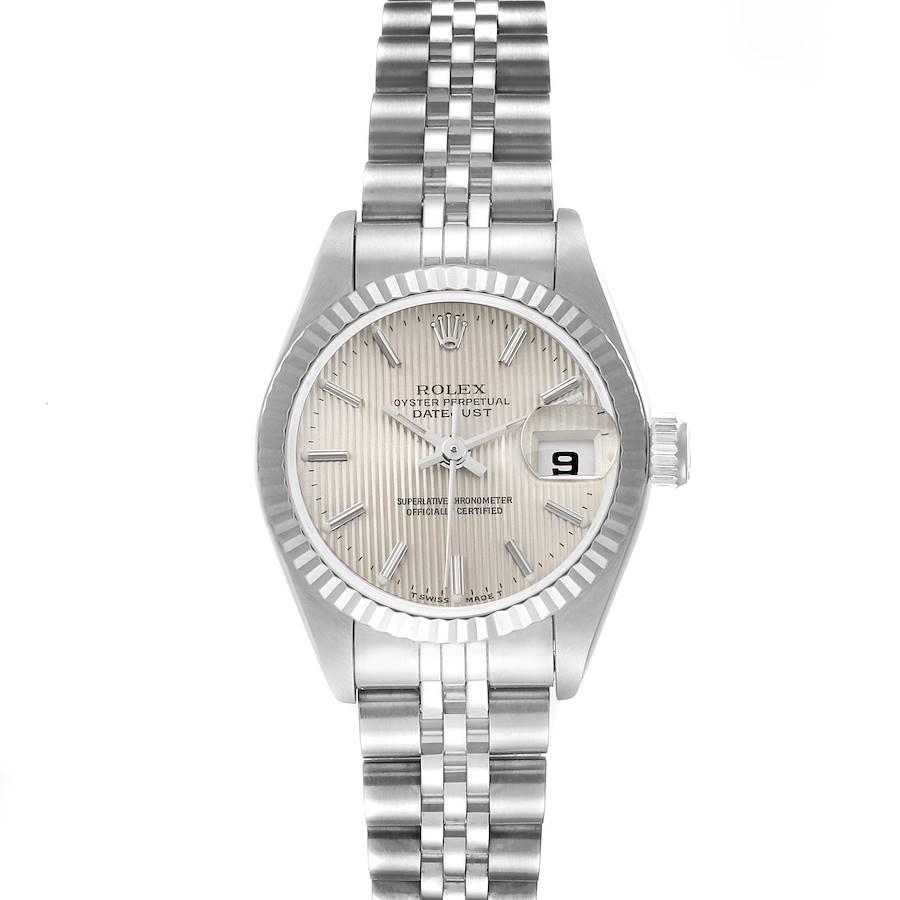 Rolex Date Steel White Gold Silver Tapestry Dial Ladies Watch 69174 SwissWatchExpo
