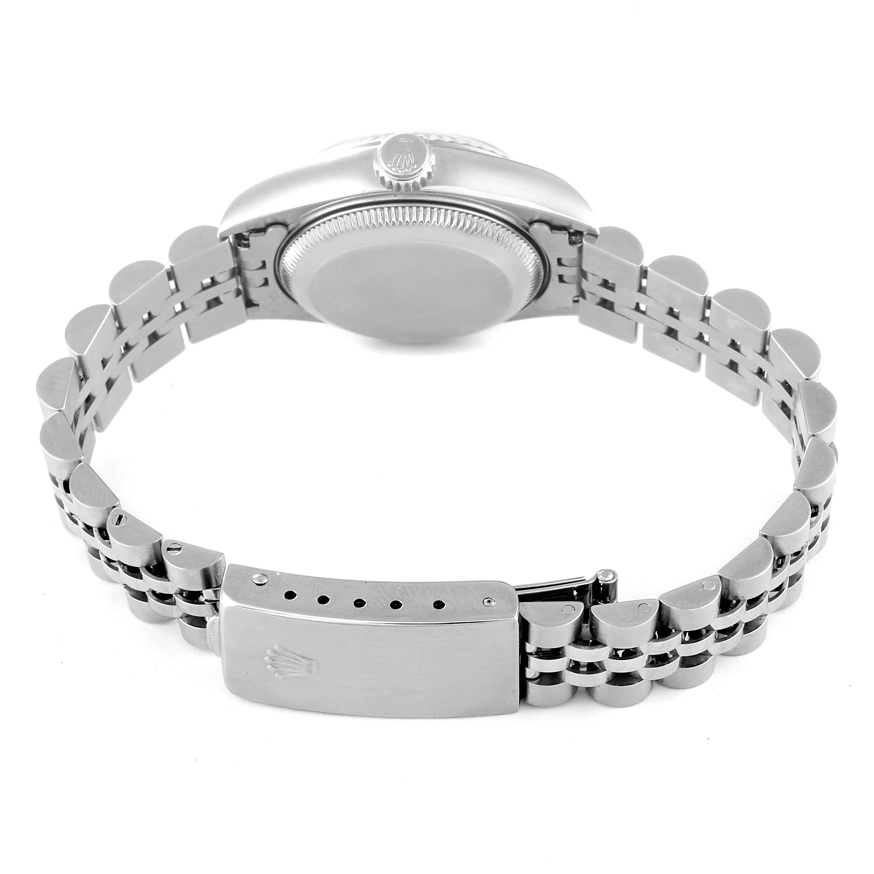 The image shows the back view of a Rolex Datejust 69174 Women
s Stainless Steel Silver Dial 69174 Women
s Stainless Steel Silver Dial watch, highlighting the clasp and case back.