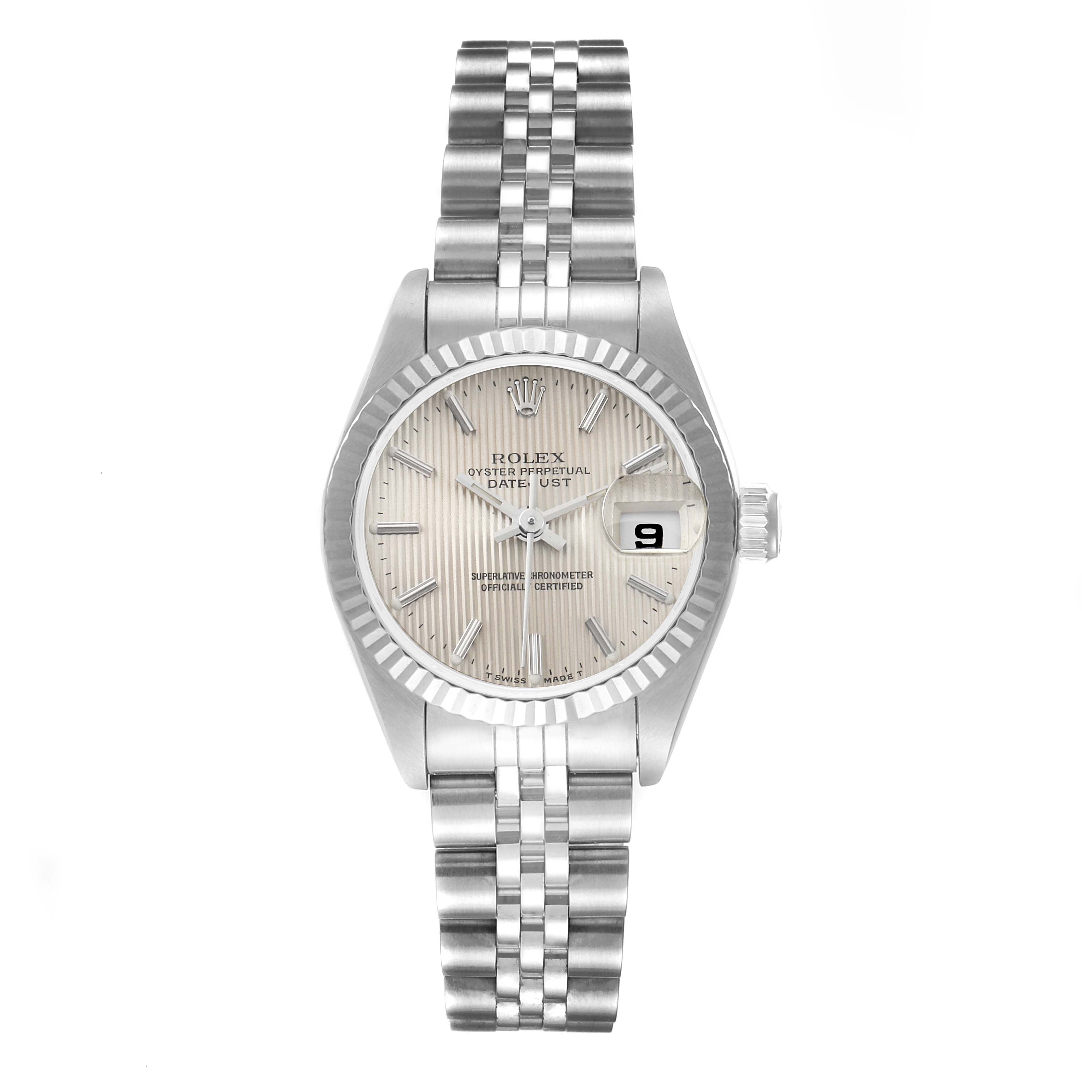 The image shows a Rolex Datejust 69174 Women
s Stainless Steel Silver Dial 69174 Women
s Stainless Steel Silver Dial model watch taken from a top-down angle, displaying the face, bezel, and bracelet.