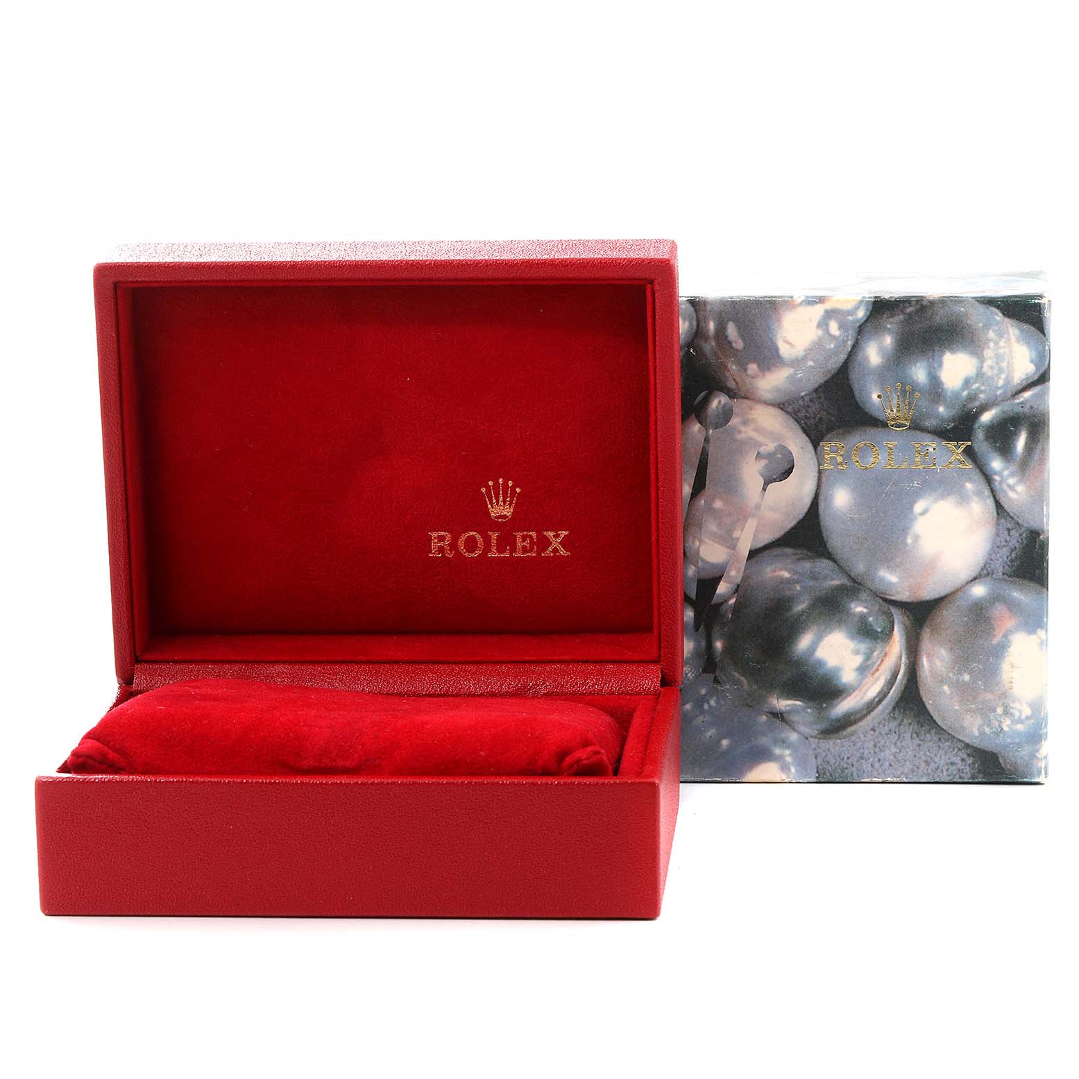 The image shows an open red Rolex watch box with a cushion, and an adjacent Rolex-branded card with a pearl design.