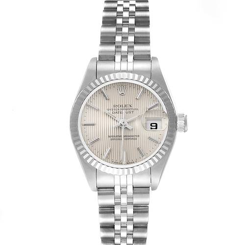 Photo of Rolex Date Steel White Gold Silver Tapestry Dial Ladies Watch 69174