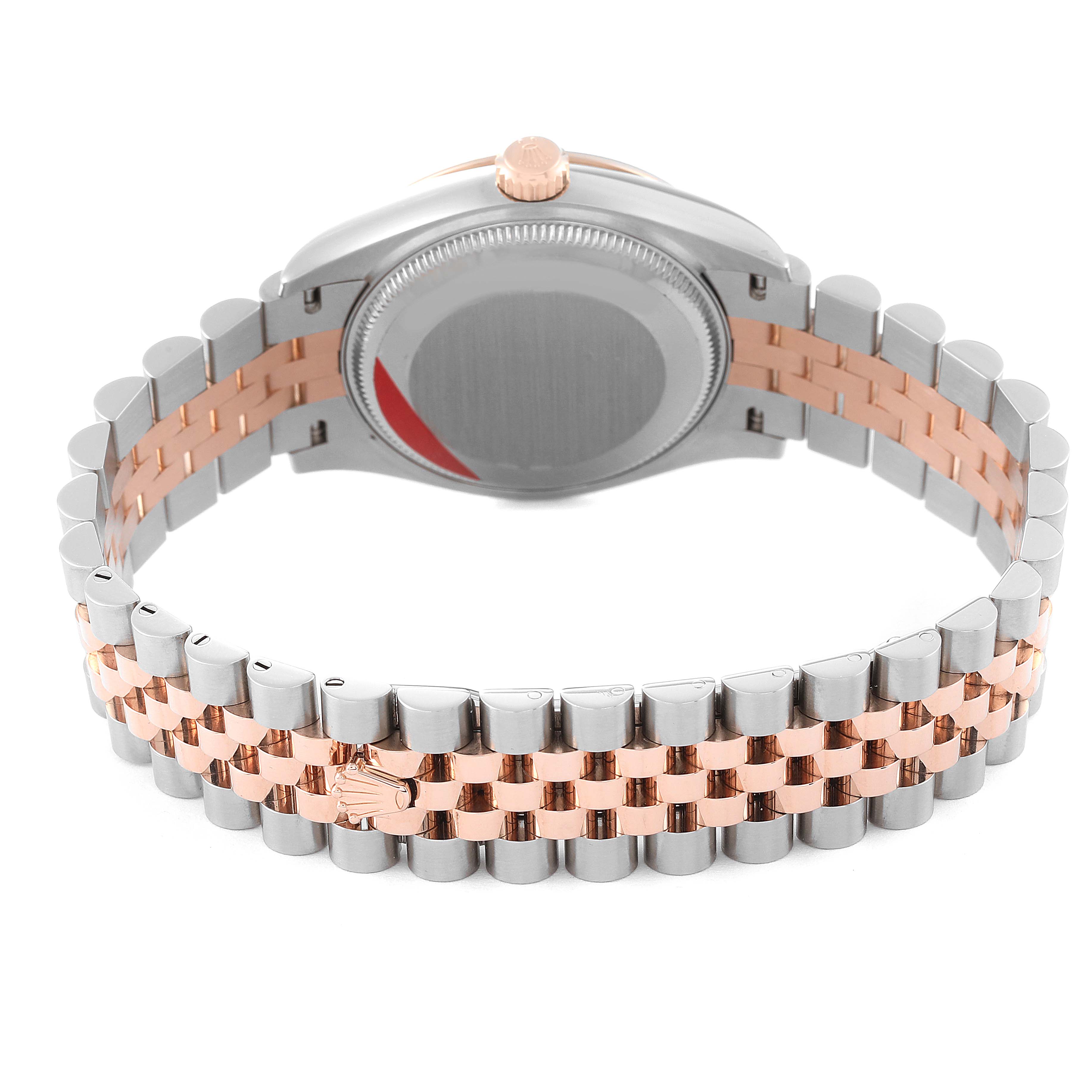 The Rolex Mid-Size 278271 Women's Steel and Gold (two tone) Purple Dial 278271 Women's Steel and Gold (two tone) Purple Dial model watch is shown from the back, highlighting the case back and two-tone bracelet.