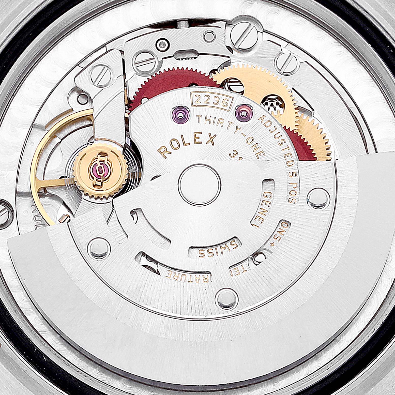 This image shows the movement mechanism of a Rolex Mid-Size 278271 Women's Steel and Gold (two tone) Purple Dial 278271 Women's Steel and Gold (two tone) Purple Dial model from a top-down angle.