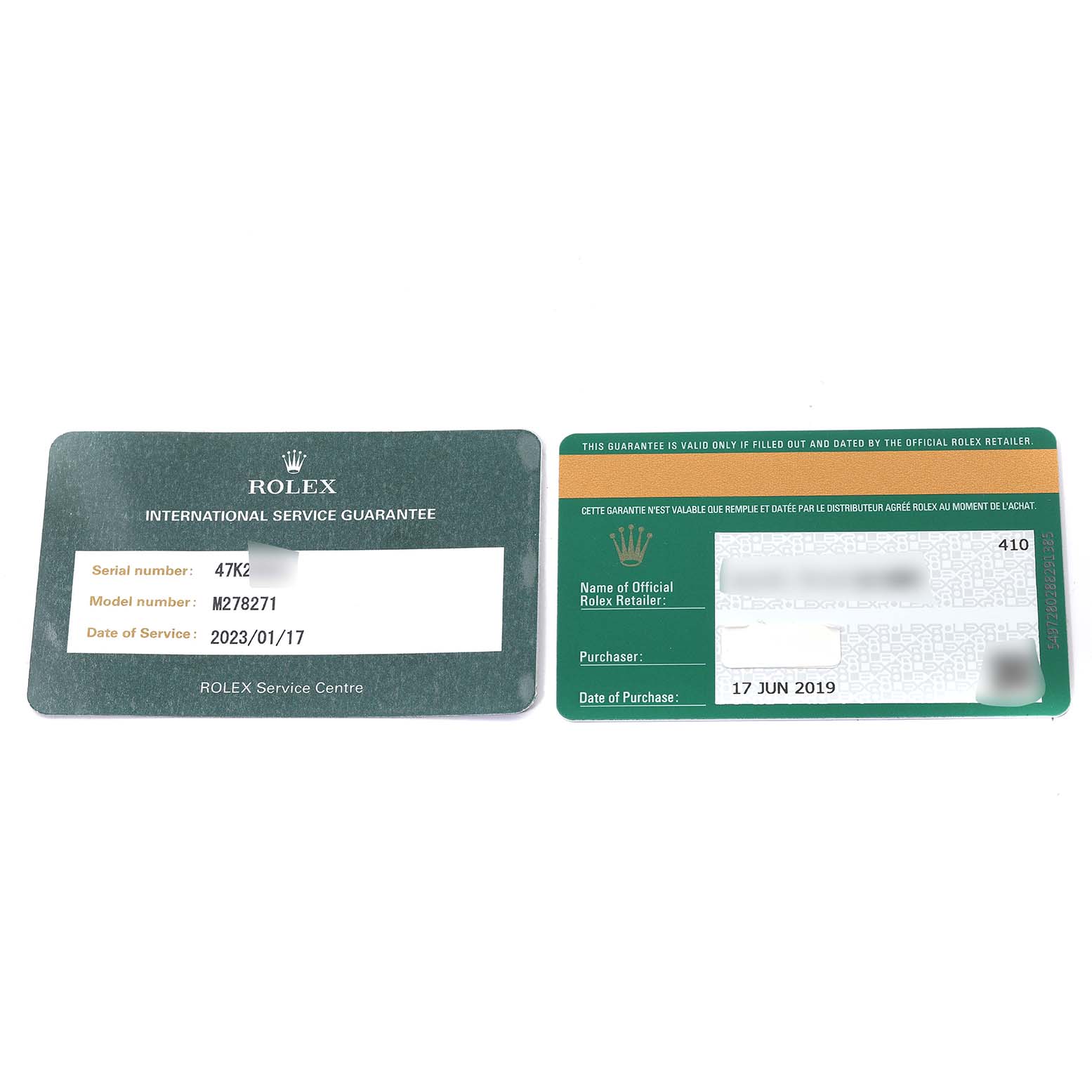The image shows the international service guarantee card and a warranty card for a mid-size Rolex model M278271.
