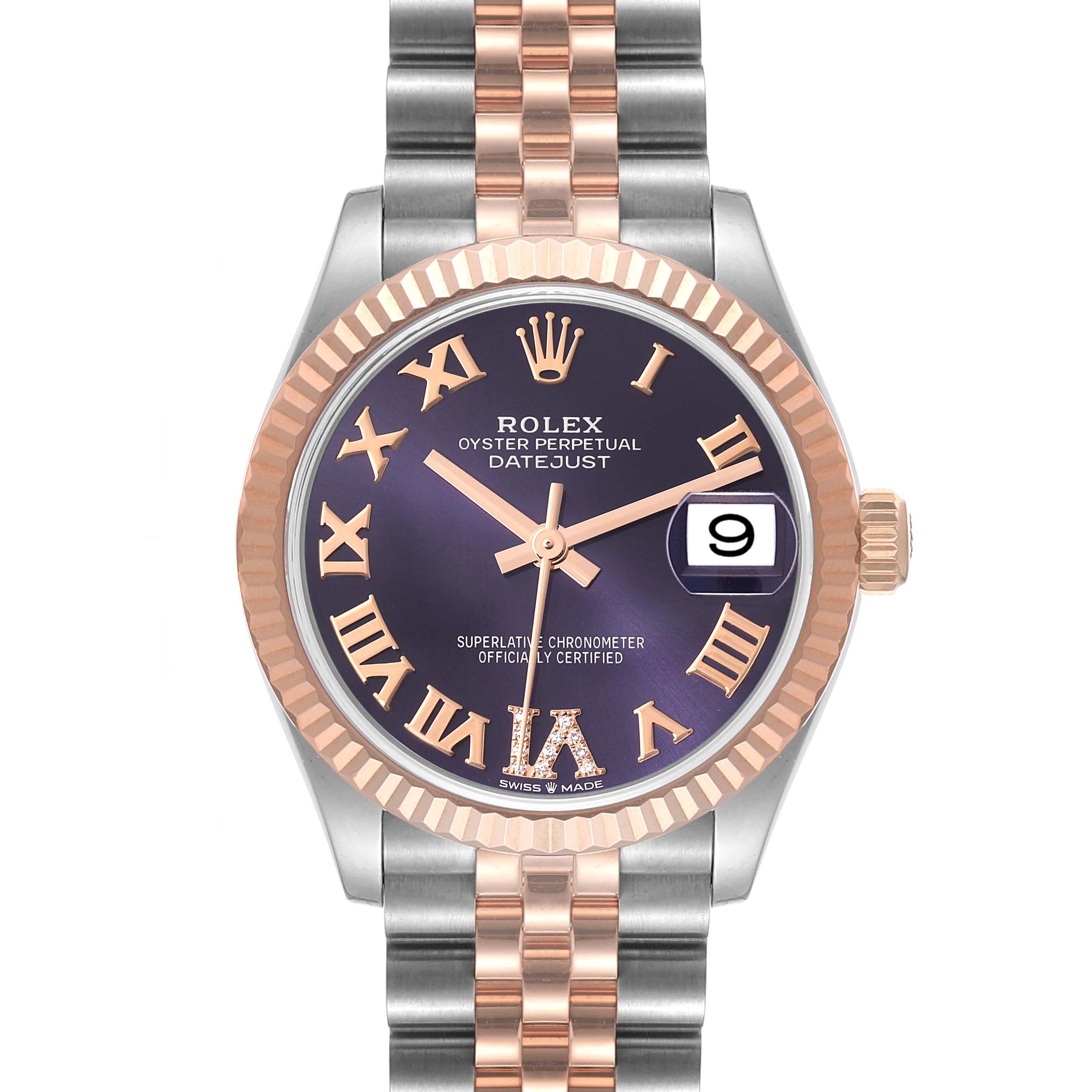 This is a front view of a Rolex Datejust Mid-Size watch showcasing the dial, bezel, and part of the bracelet.