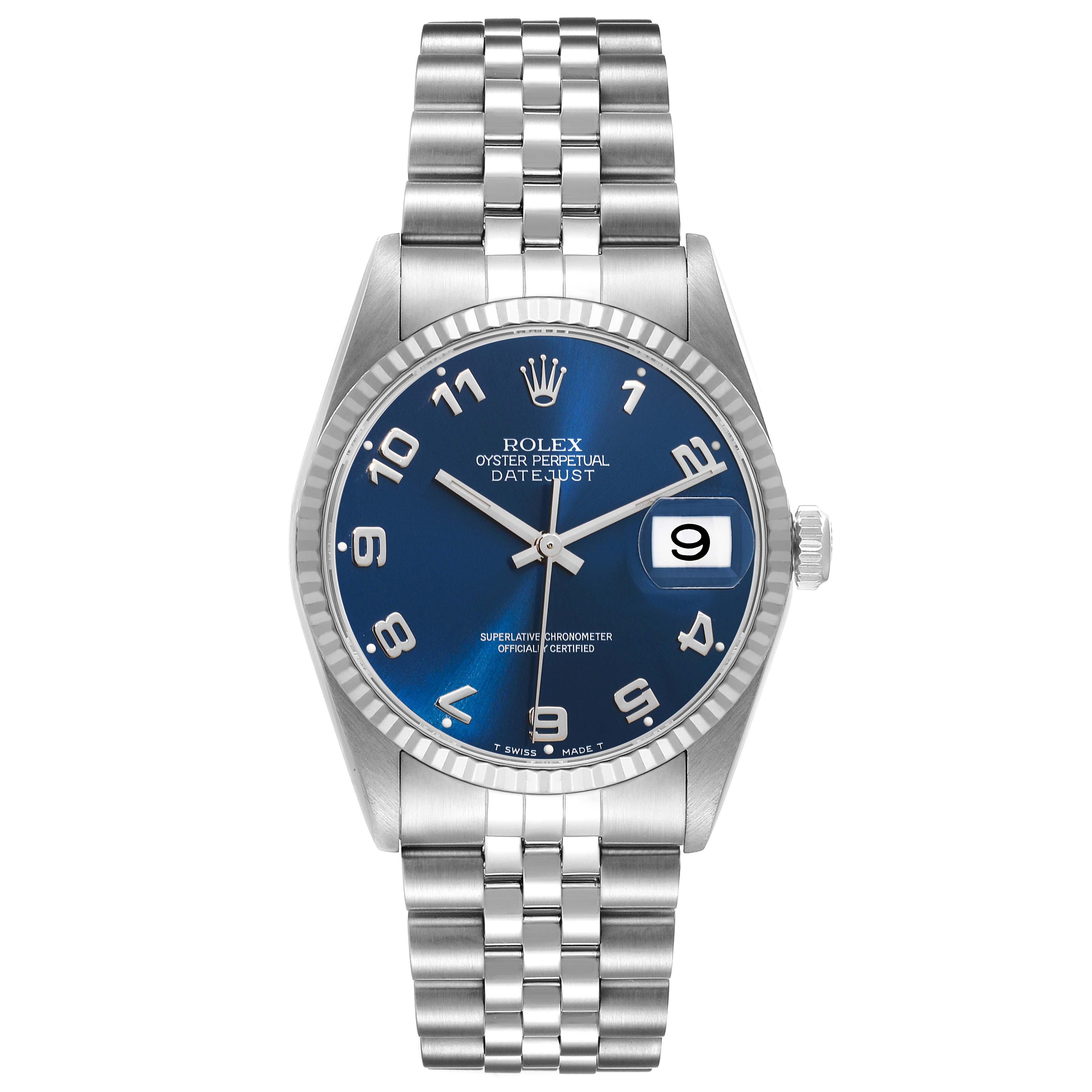 This image shows a Rolex Datejust 16234 Men's Stainless Steel Blue Dial 16234 Men's Stainless Steel Blue Dial watch with a blue dial, Jubilee bracelet, and a date display at the 3 o'clock position.
