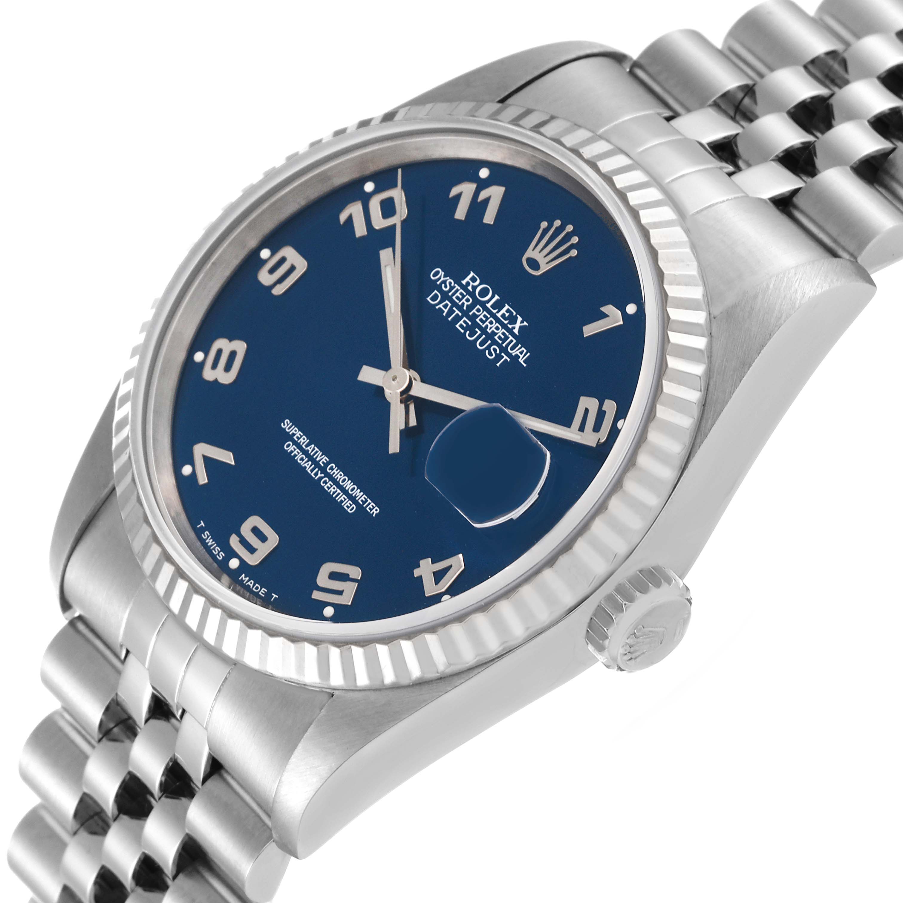 The image shows a Rolex Datejust 16234 Men's Stainless Steel Blue Dial 16234 Men's Stainless Steel Blue Dial watch at a slight angle, highlighting its blue dial, fluted bezel, and part of the bracelet.