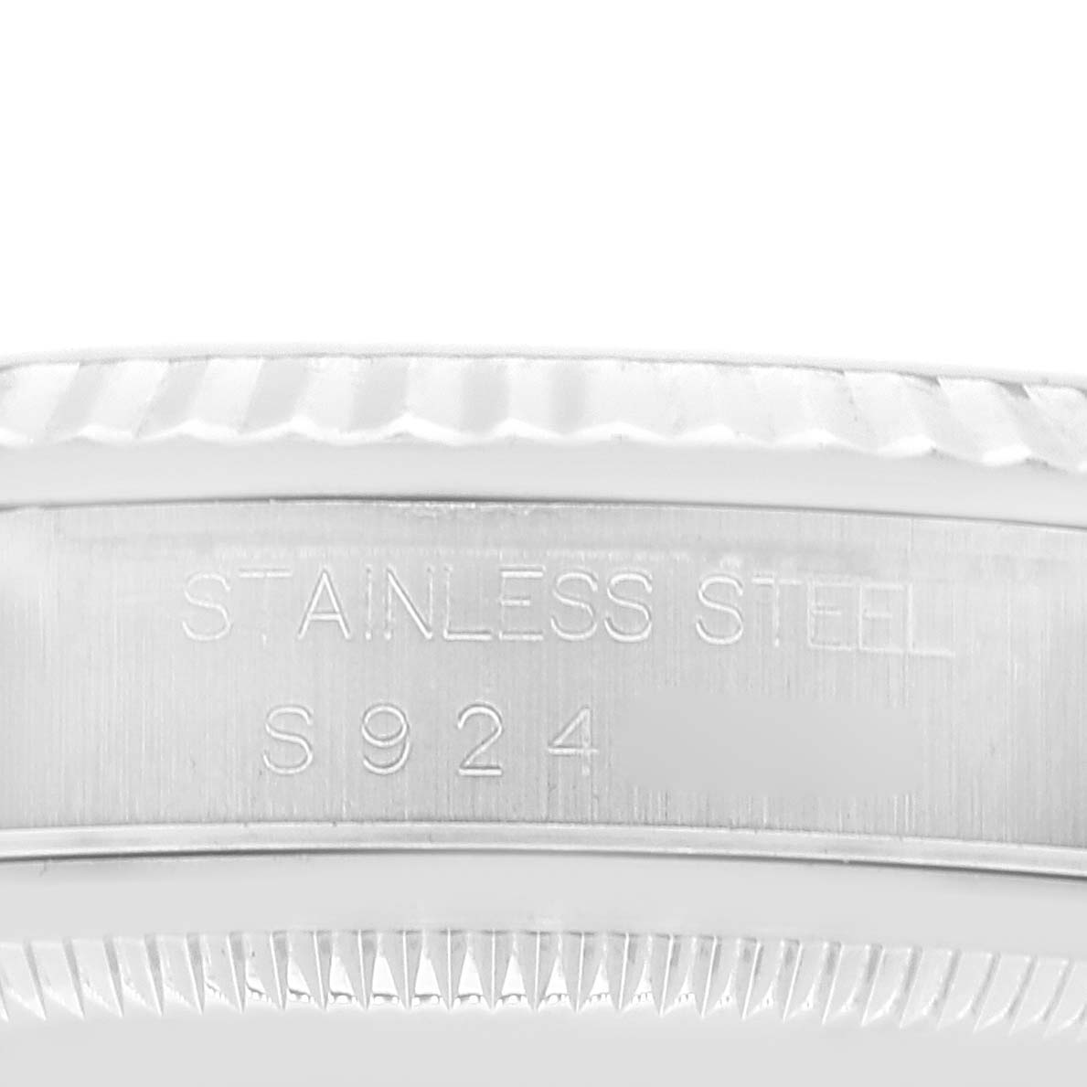 The image shows a close-up of the inner side of the bezel and case for a Rolex Datejust 16234 Men's Stainless Steel Blue Dial 16234 Men's Stainless Steel Blue Dial model, marked "STAINLESS STEEL" and "S924."