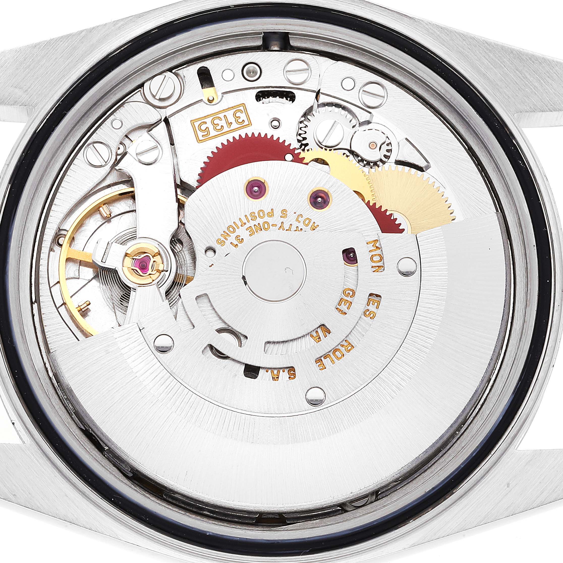 The image shows the back view of the Rolex Datejust 16234 Men's Stainless Steel Blue Dial 16234 Men's Stainless Steel Blue Dial's exposed movement mechanism.