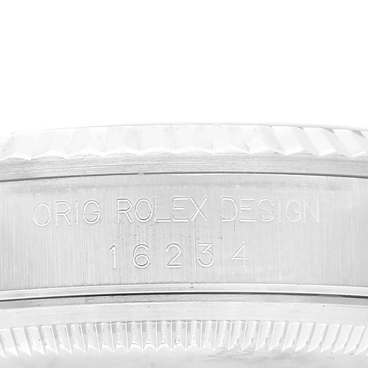 This image shows a close-up side view of the casing of a Rolex Datejust 16234 Men's Stainless Steel Blue Dial 16234 Men's Stainless Steel Blue Dial watch, featuring the model number "16234".