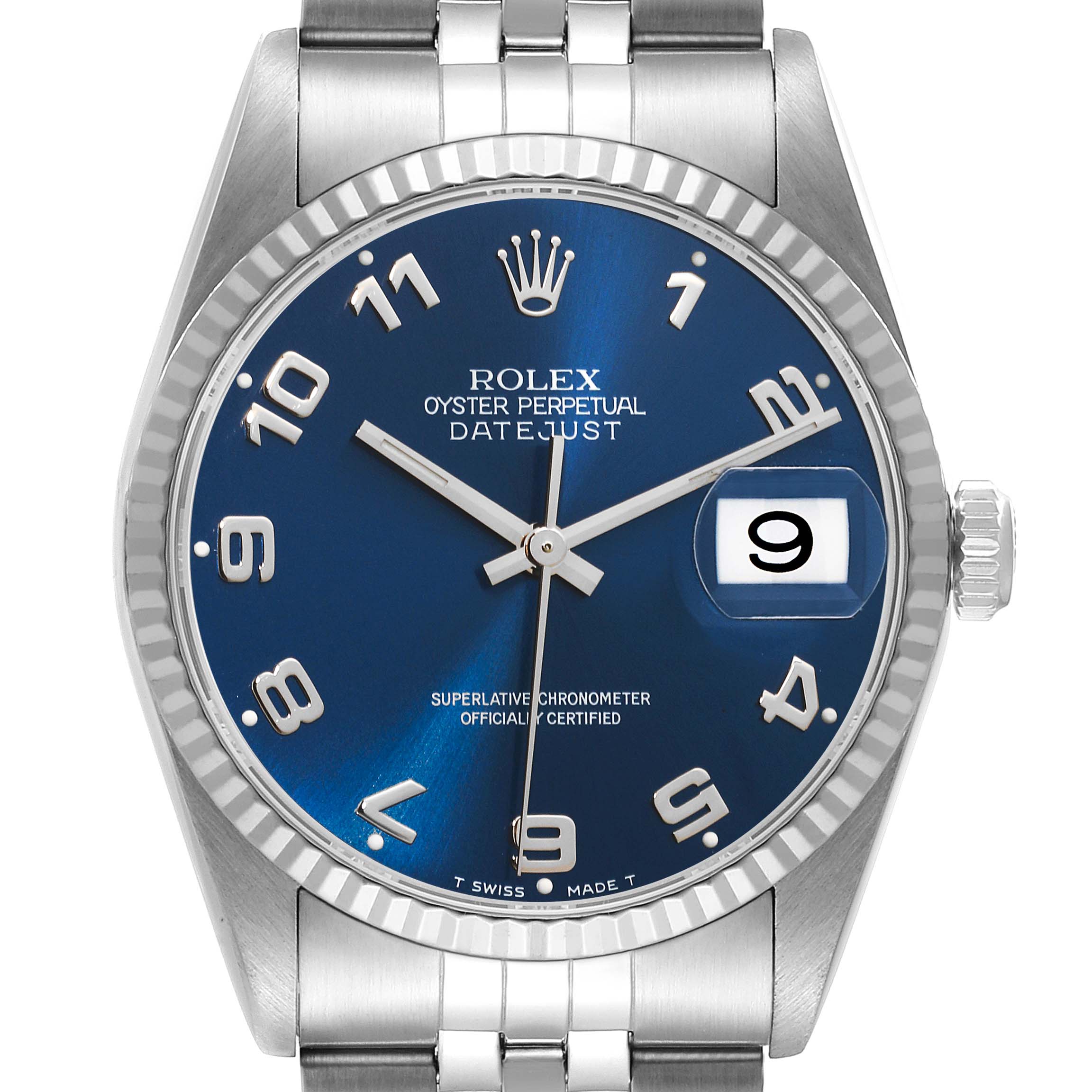 This image shows a frontal view of the Rolex Datejust 16234 Men's Stainless Steel Blue Dial 16234 Men's Stainless Steel Blue Dial watch, displaying its face, bezel, and part of the bracelet.