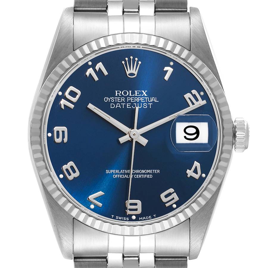 Rolex Datejust 36 Steel White Gold Blue Arabic Dial Mens Watch 16234 SwissWatchExpo