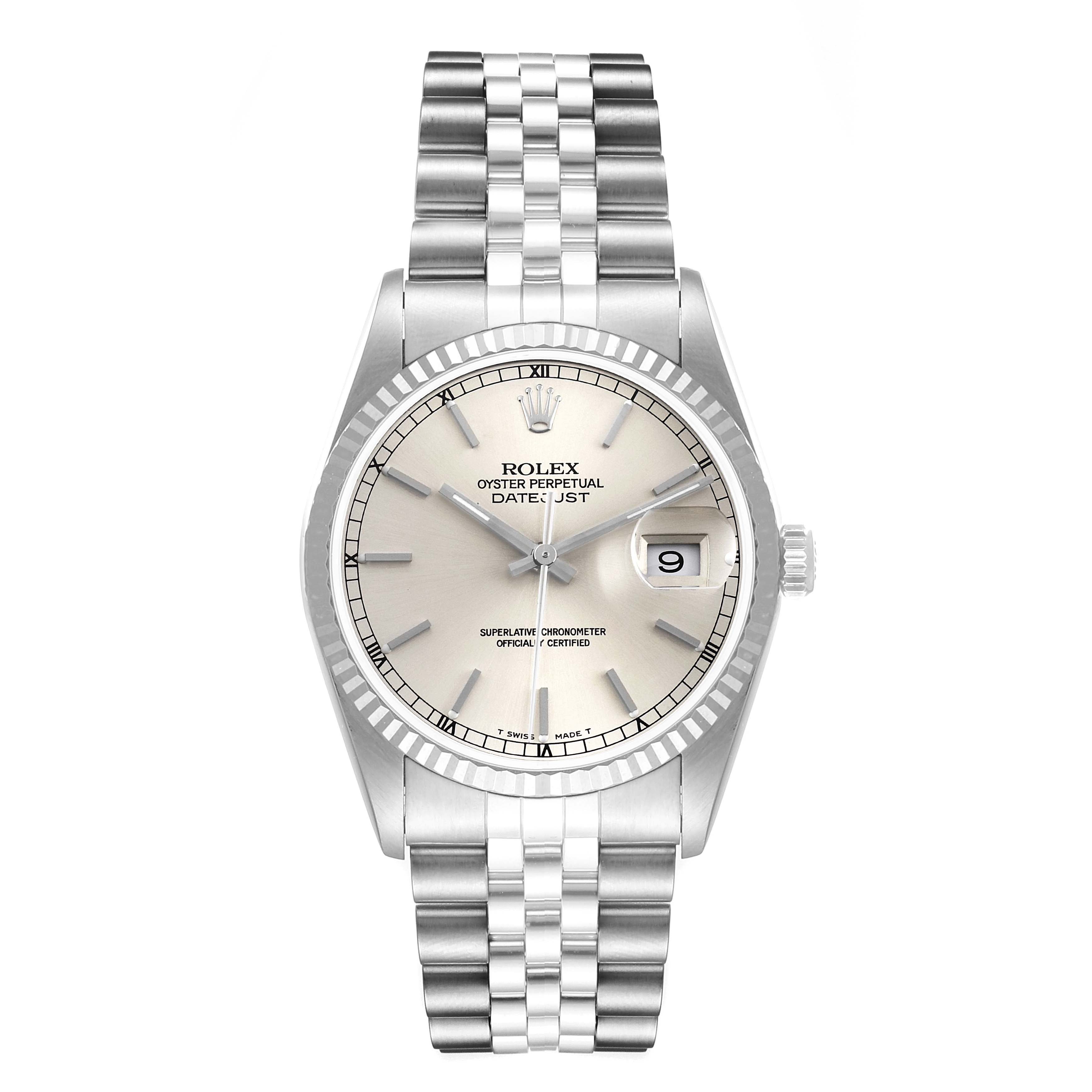 This image shows a Rolex Datejust 16234 Men's Stainless Steel Silver Dial 16234 Men's Stainless Steel Silver Dial watch from a front angle, displaying the dial, bracelet, and date window.