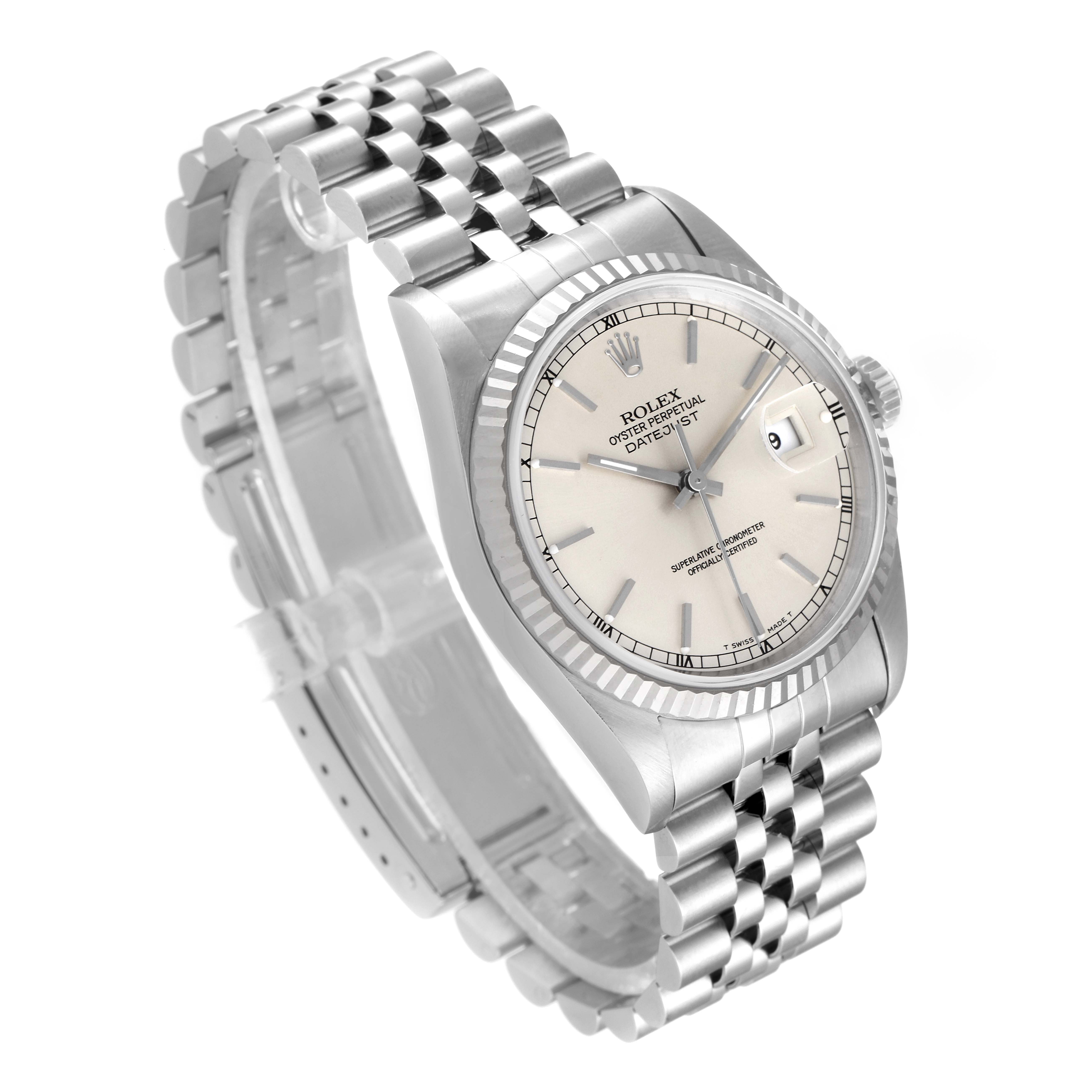 The image shows a side-angle view of a Rolex Datejust 16234 Men's Stainless Steel Silver Dial 16234 Men's Stainless Steel Silver Dial watch featuring its dial, bezel, crown, and Jubilee bracelet.