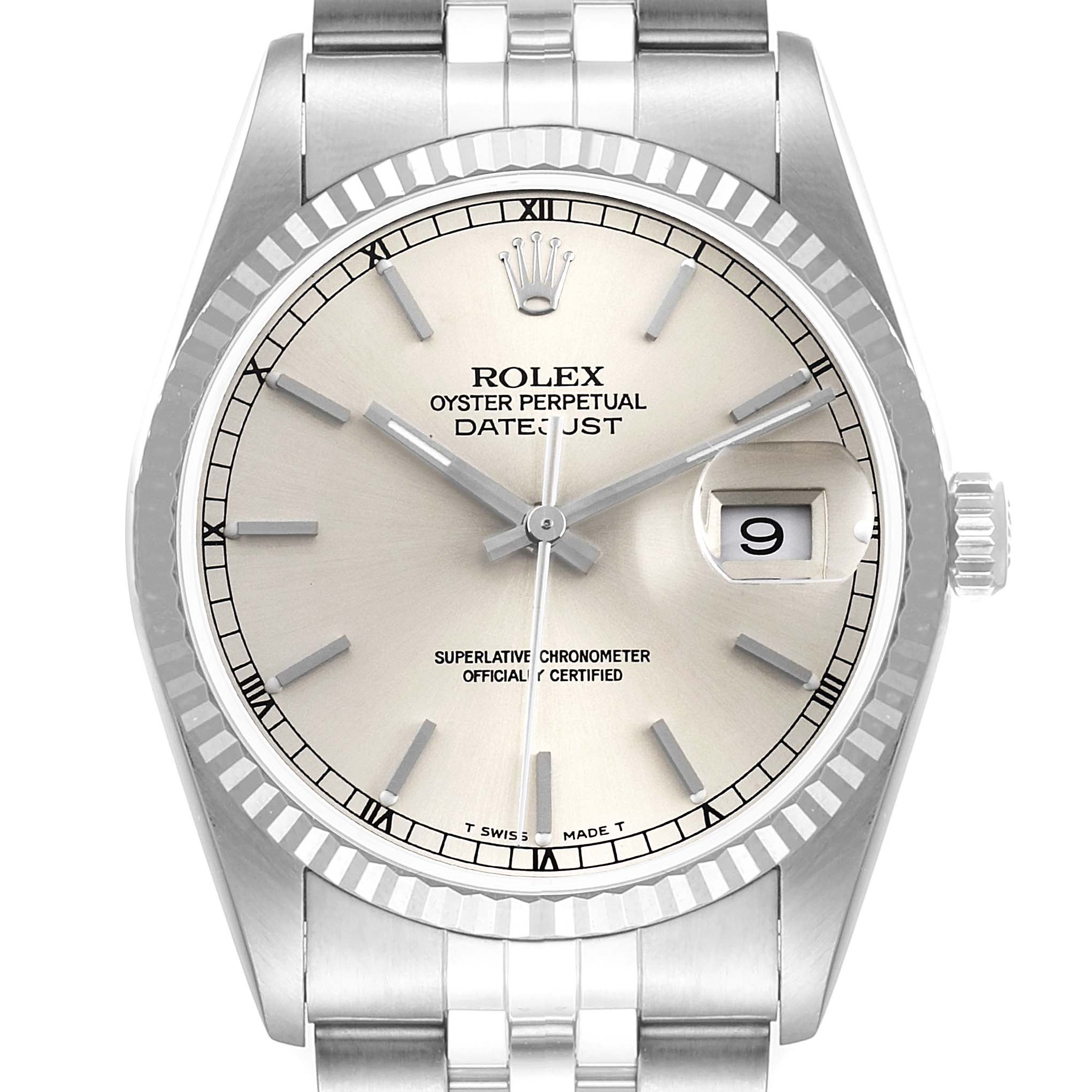 The image shows a front view of a Rolex Datejust 16234 Men's Stainless Steel Silver Dial 16234 Men's Stainless Steel Silver Dial watch, highlighting the dial, hands, date display, and part of the bracelet.