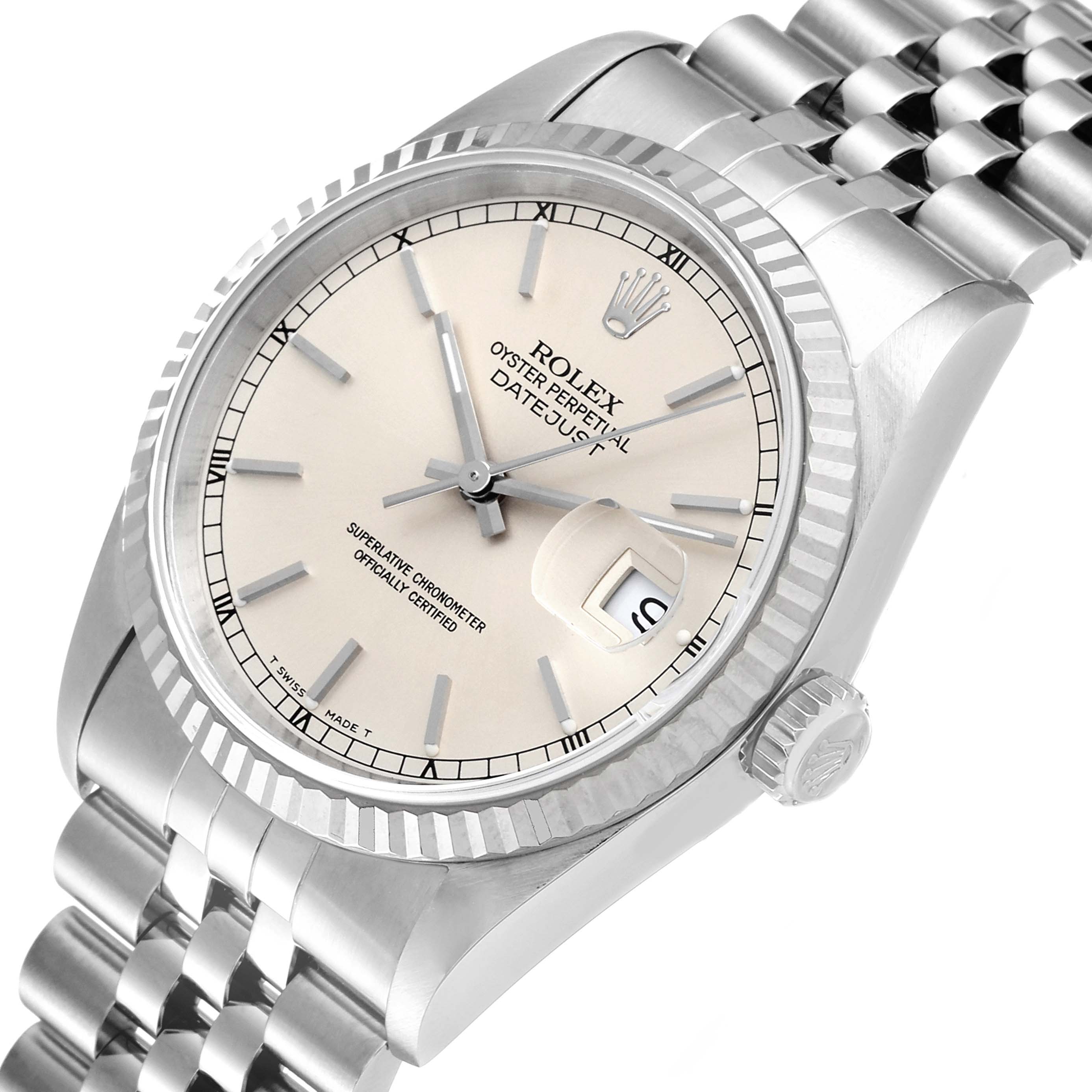 The image shows a close-up of the Rolex Datejust 16234 Men's Stainless Steel Silver Dial 16234 Men's Stainless Steel Silver Dial watch, highlighting its bezel, dial, crown, and part of the bracelet.