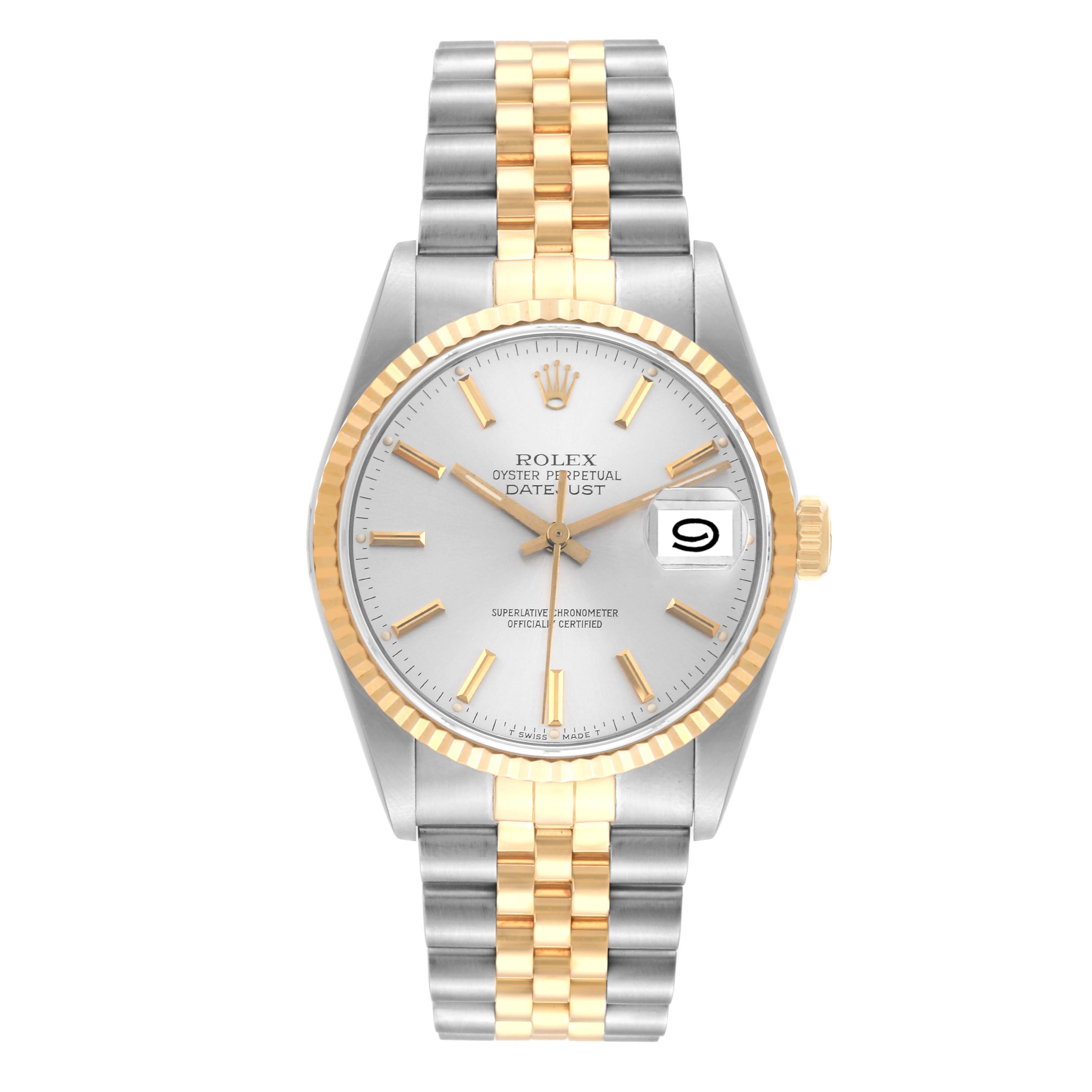 This Rolex Datejust 16233 Men's Steel and Gold (two tone) Silver Dial 16233 Men's Steel and Gold (two tone) Silver Dial watch is shown from a top-down angle, displaying the face, bezel, dial, hands, and Jubilee bracelet.
