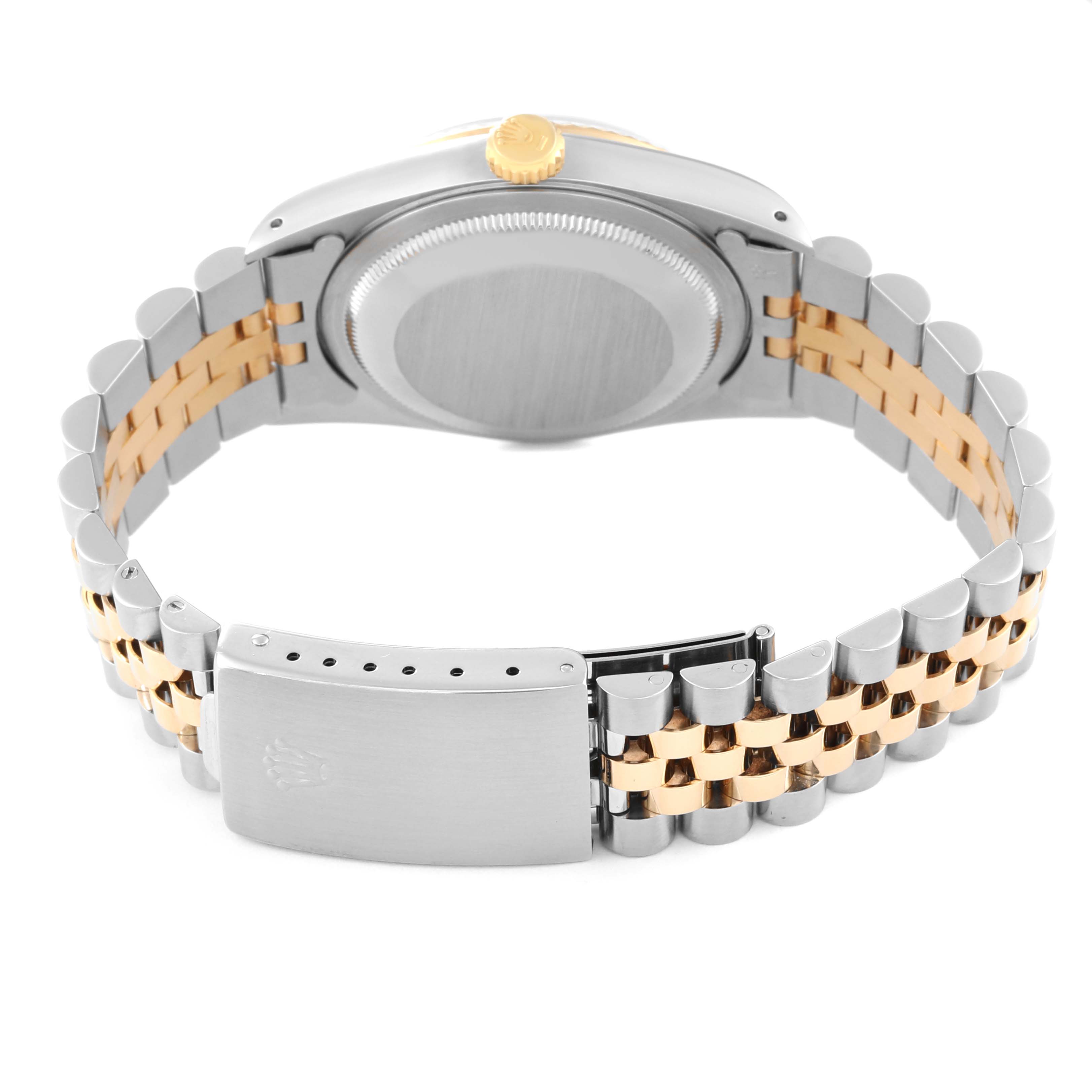 The image shows the back view of the Rolex Datejust 16233 Men's Steel and Gold (two tone) Silver Dial 16233 Men's Steel and Gold (two tone) Silver Dial watch, focusing on the case back, crown, and two-tone bracelet with the clasp visible.