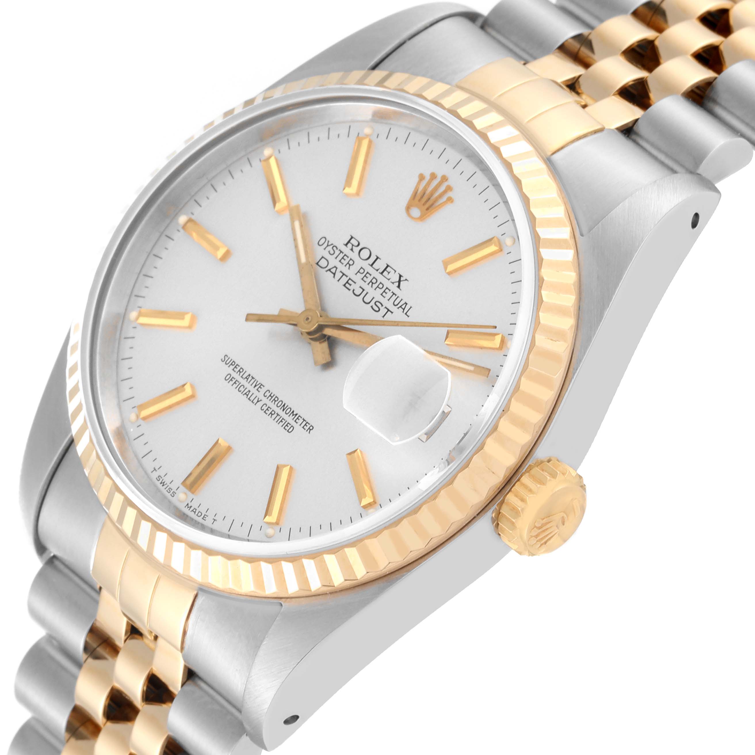 This image shows a Rolex Datejust 16233 Men's Steel and Gold (two tone) Silver Dial 16233 Men's Steel and Gold (two tone) Silver Dial watch from an angled view, highlighting the dial, bezel, crown, and bracelet.