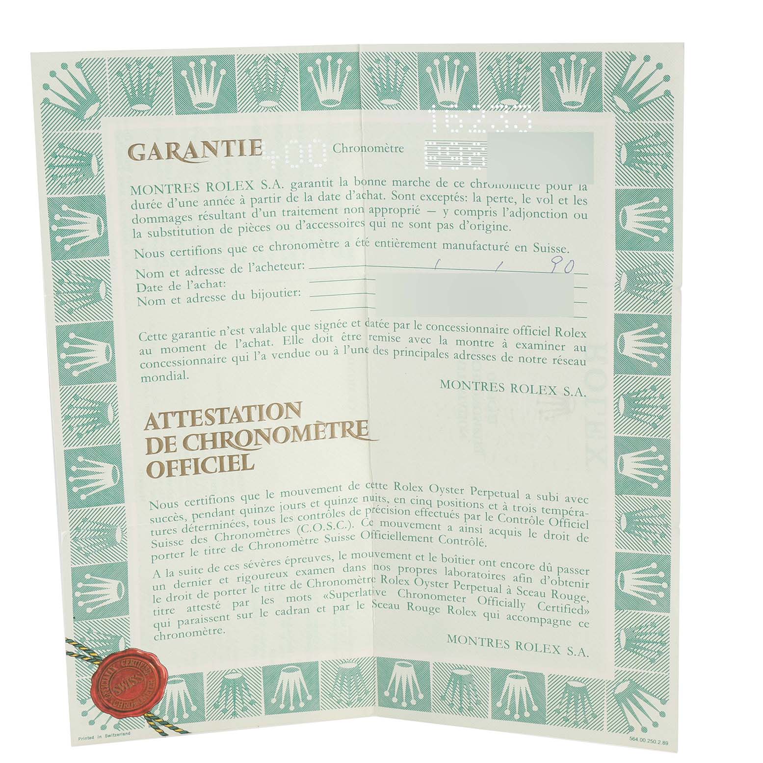 This image shows the guarantee certificate for a Rolex Datejust 16233 Men's Steel and Gold (two tone) Silver Dial 16233 Men's Steel and Gold (two tone) Silver Dial watch, detailing warranty and chronometer certification.