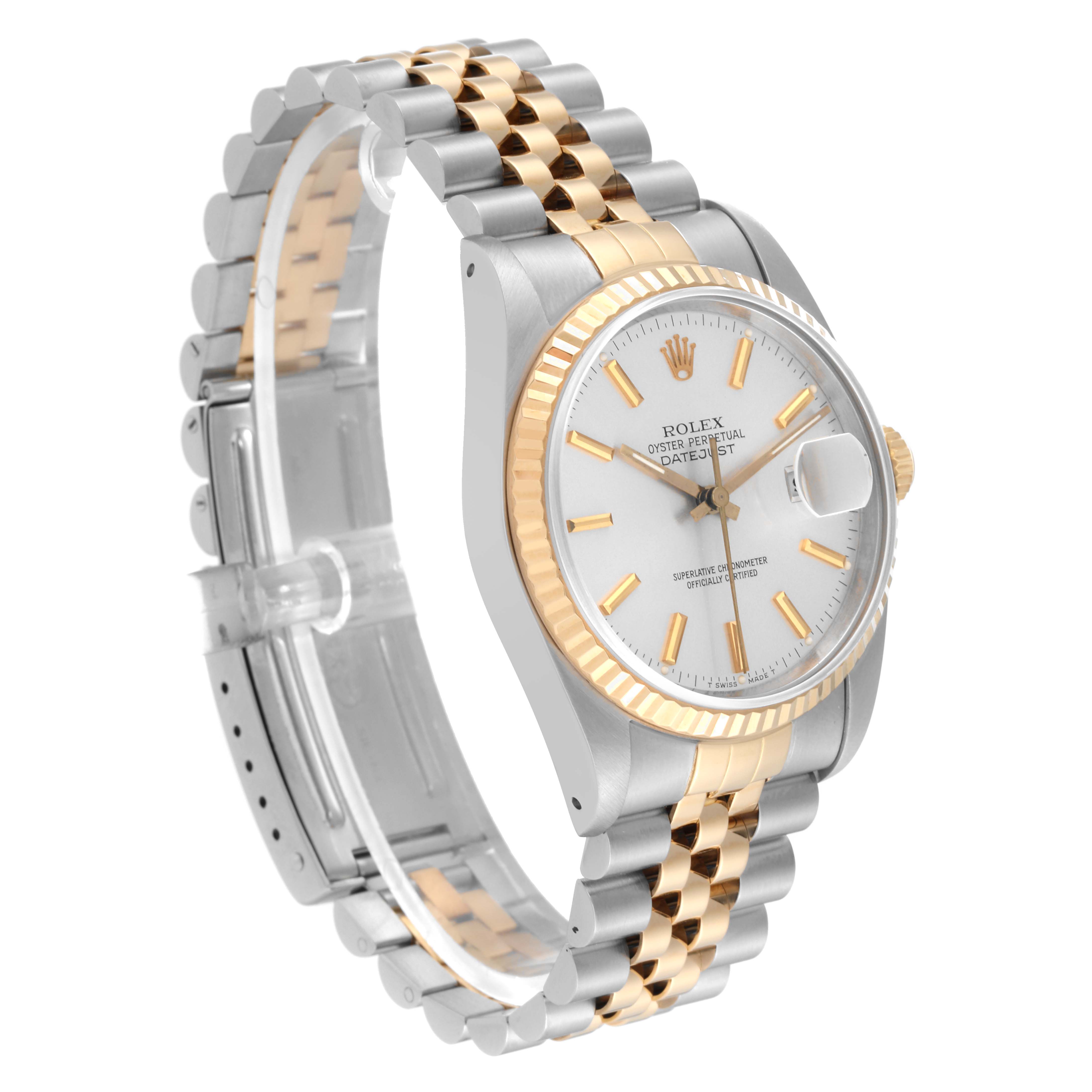 This image shows a side and slightly angled front view of the Rolex Datejust 16233 Men's Steel and Gold (two tone) Silver Dial 16233 Men's Steel and Gold (two tone) Silver Dial watch, highlighting the bracelet and face.