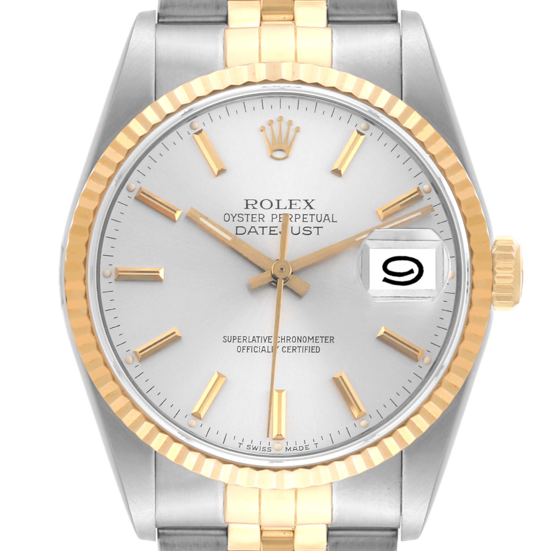This is a front view of the Rolex Datejust 16233 Men's Steel and Gold (two tone) Silver Dial 16233 Men's Steel and Gold (two tone) Silver Dial watch, showcasing the dial, hour markers, hands, date window, and bracelet.