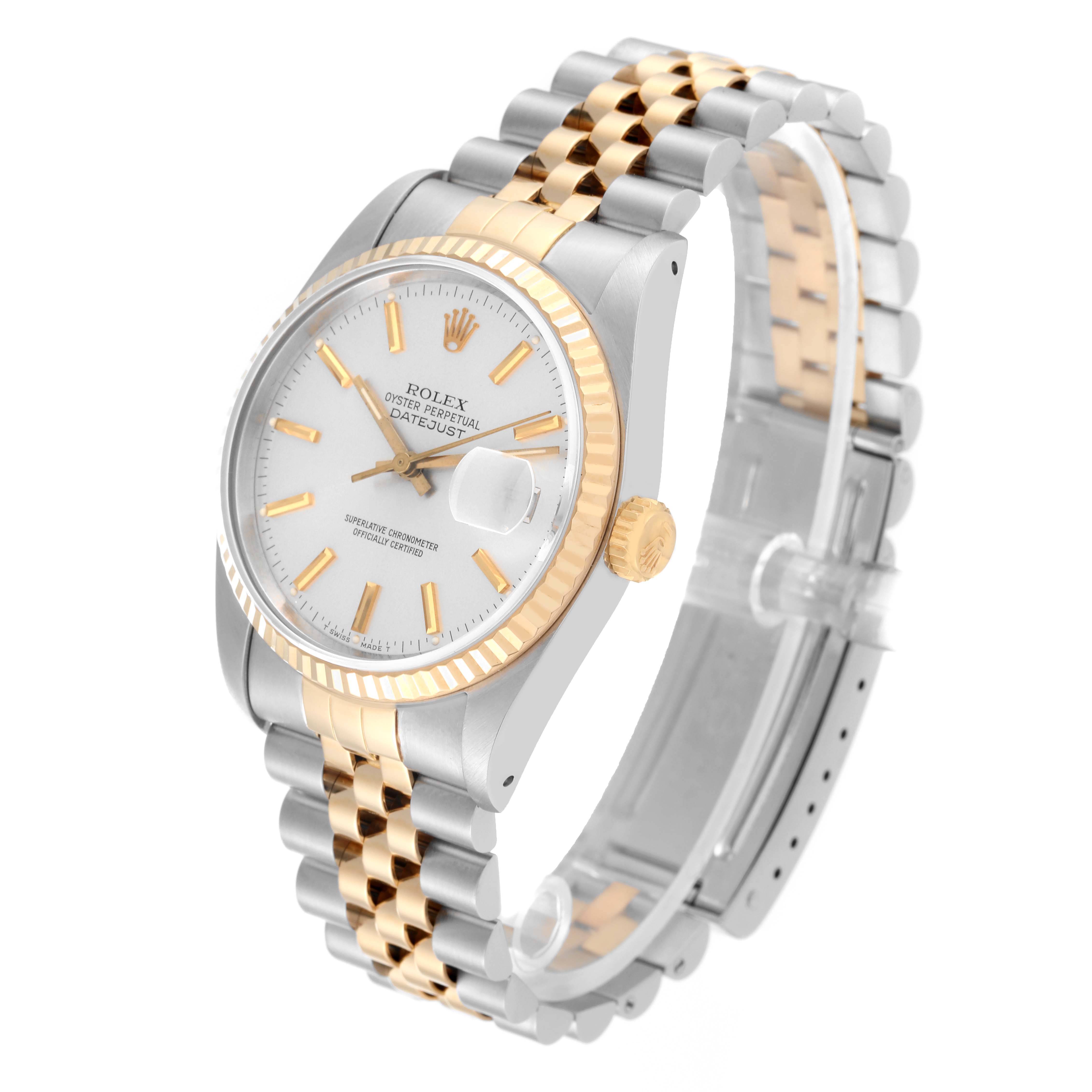 This image shows a Rolex Datejust 16233 Men's Steel and Gold (two tone) Silver Dial 16233 Men's Steel and Gold (two tone) Silver Dial watch from an oblique angle, highlighting the dial, bezel, crown, and two-tone bracelet.