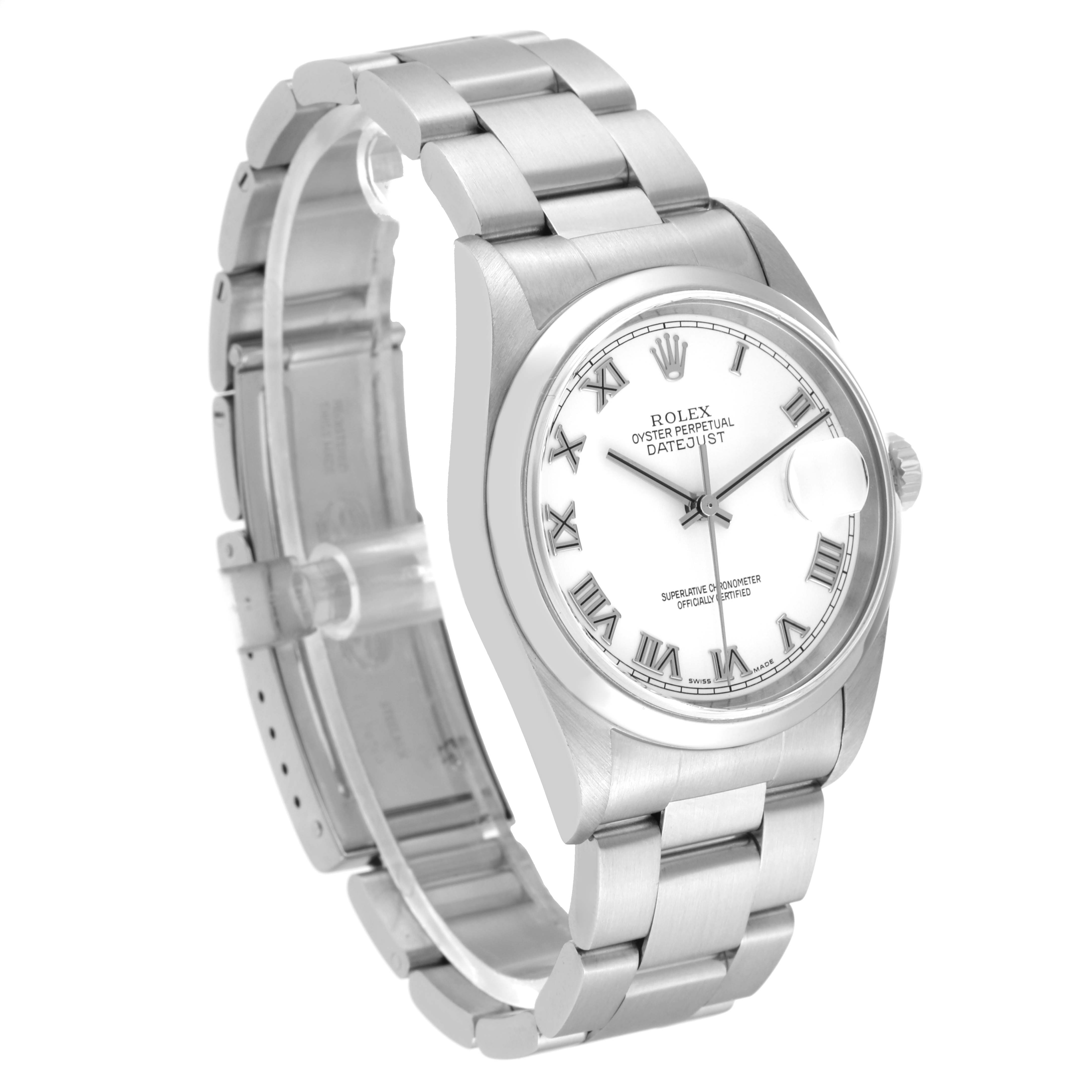 The image shows a Rolex Datejust 16200 Men's Stainless Steel White Dial 16200 Men's Stainless Steel White Dial watch at a three-quarter angle, highlighting the watch face, bracelet, and clasp.