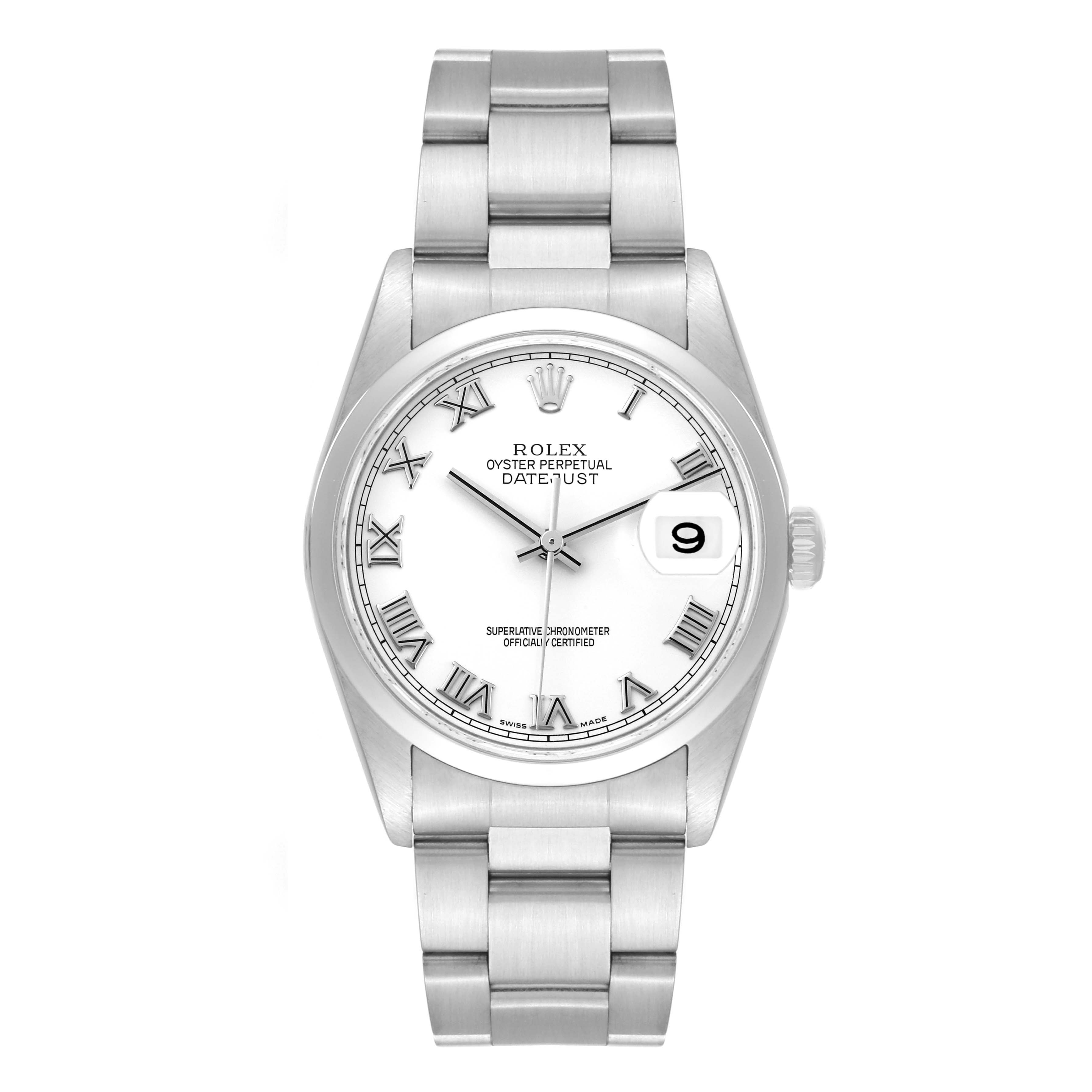 The image shows a front view of a Rolex Datejust 16200 Men's Stainless Steel White Dial 16200 Men's Stainless Steel White Dial watch, displaying the dial, bracelet, clasp, and date window.