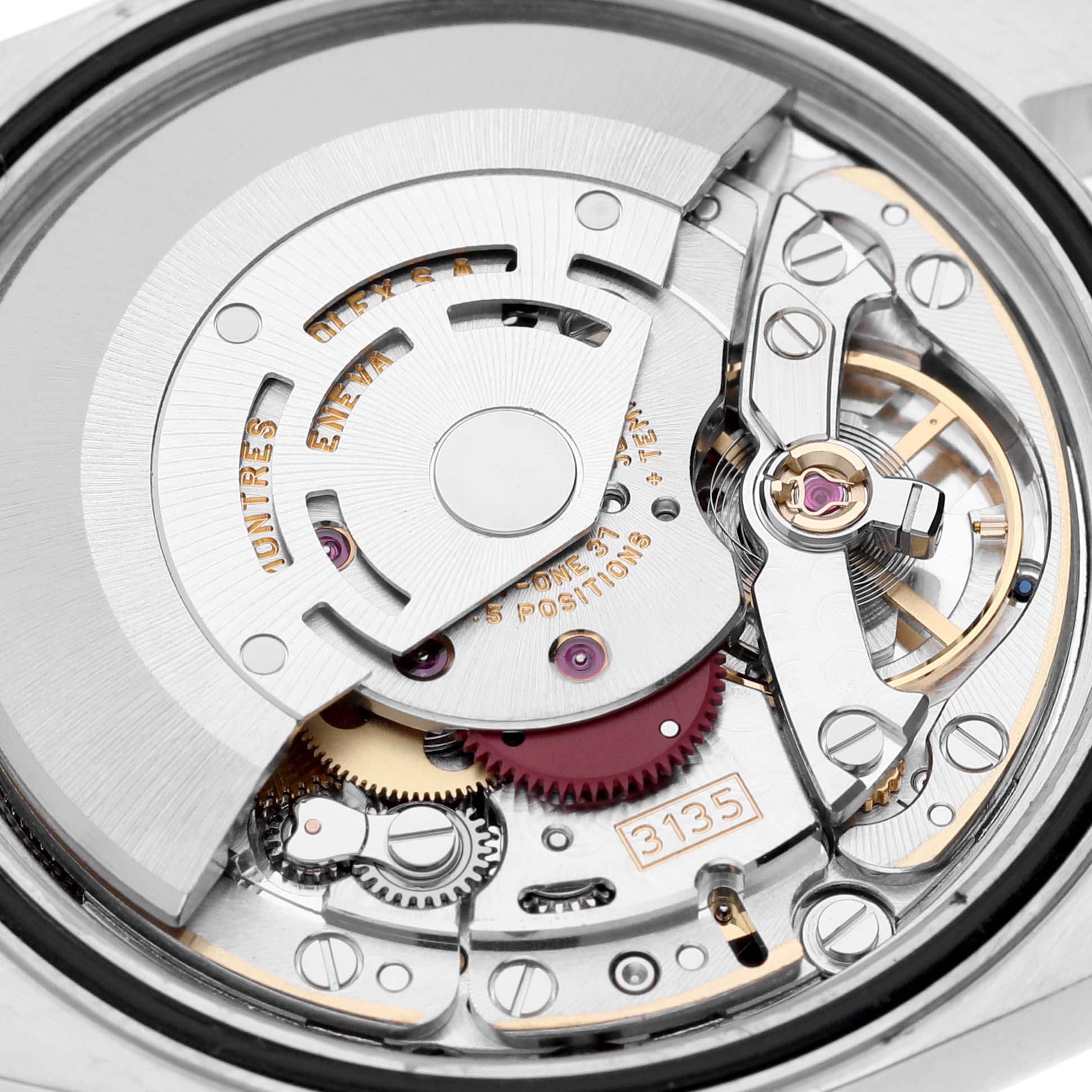 This image shows the movement mechanism of the Rolex Datejust 16200 Men's Stainless Steel White Dial 16200 Men's Stainless Steel White Dial watch from a close-up, internal view.