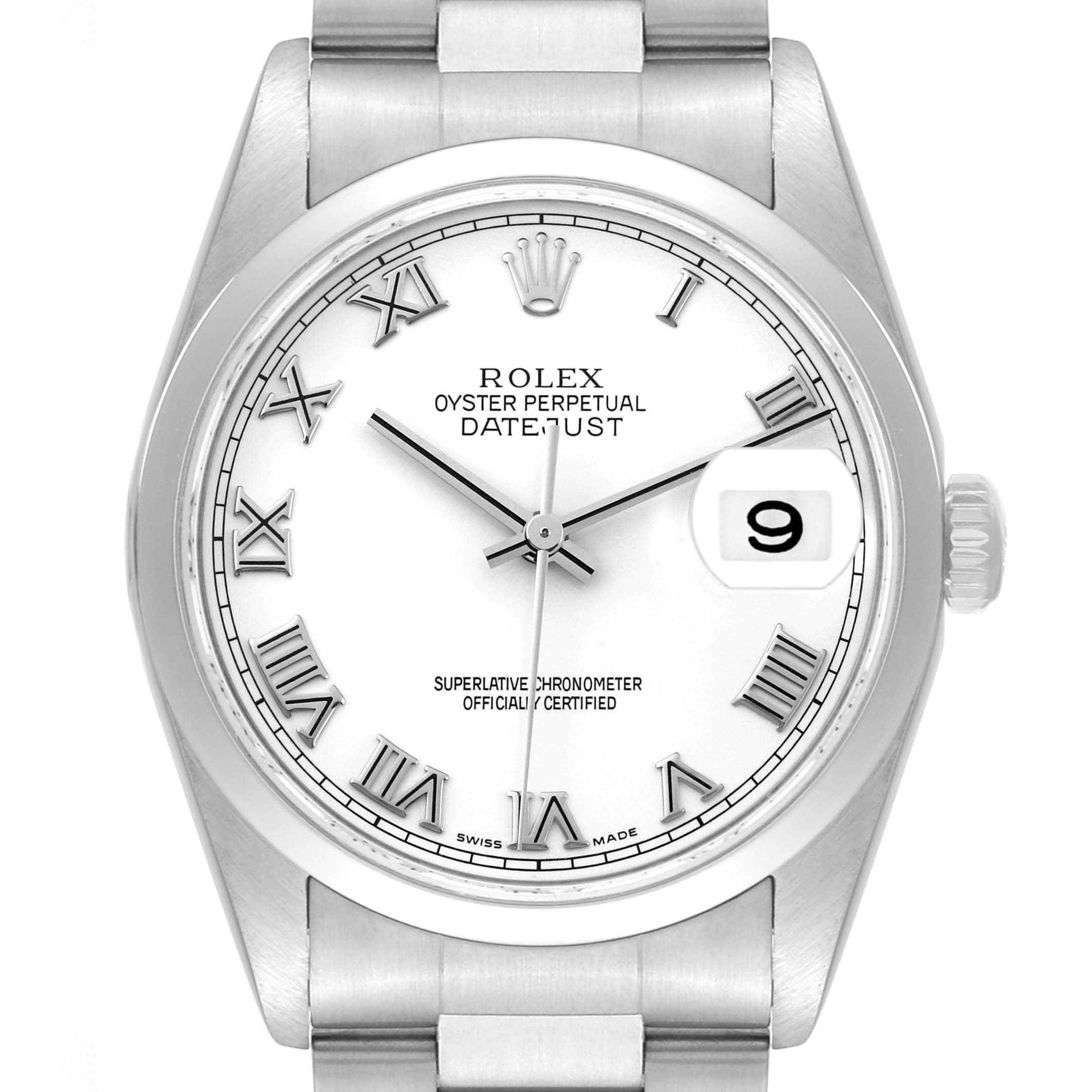 The Rolex Datejust 16200 Men's Stainless Steel White Dial 16200 Men's Stainless Steel White Dial watch is shown from a front-on angle, displaying the face, bezel, and part of the bracelet.