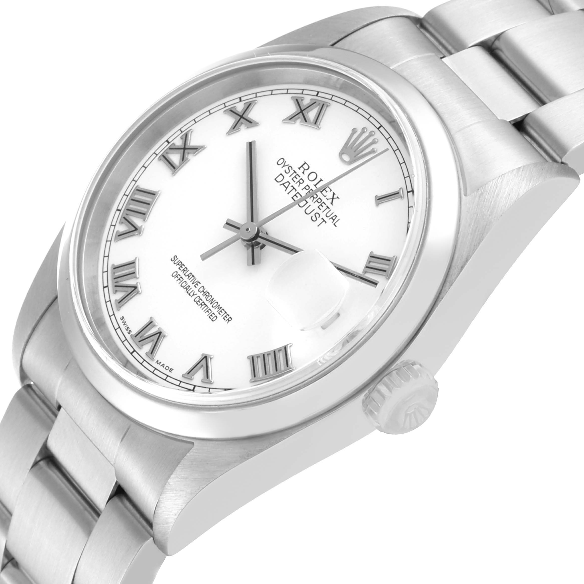 The image shows the front and right side of a Rolex Datejust 16200 Men's Stainless Steel White Dial 16200 Men's Stainless Steel White Dial watch with a white dial and silver bracelet, viewed at an angled perspective.