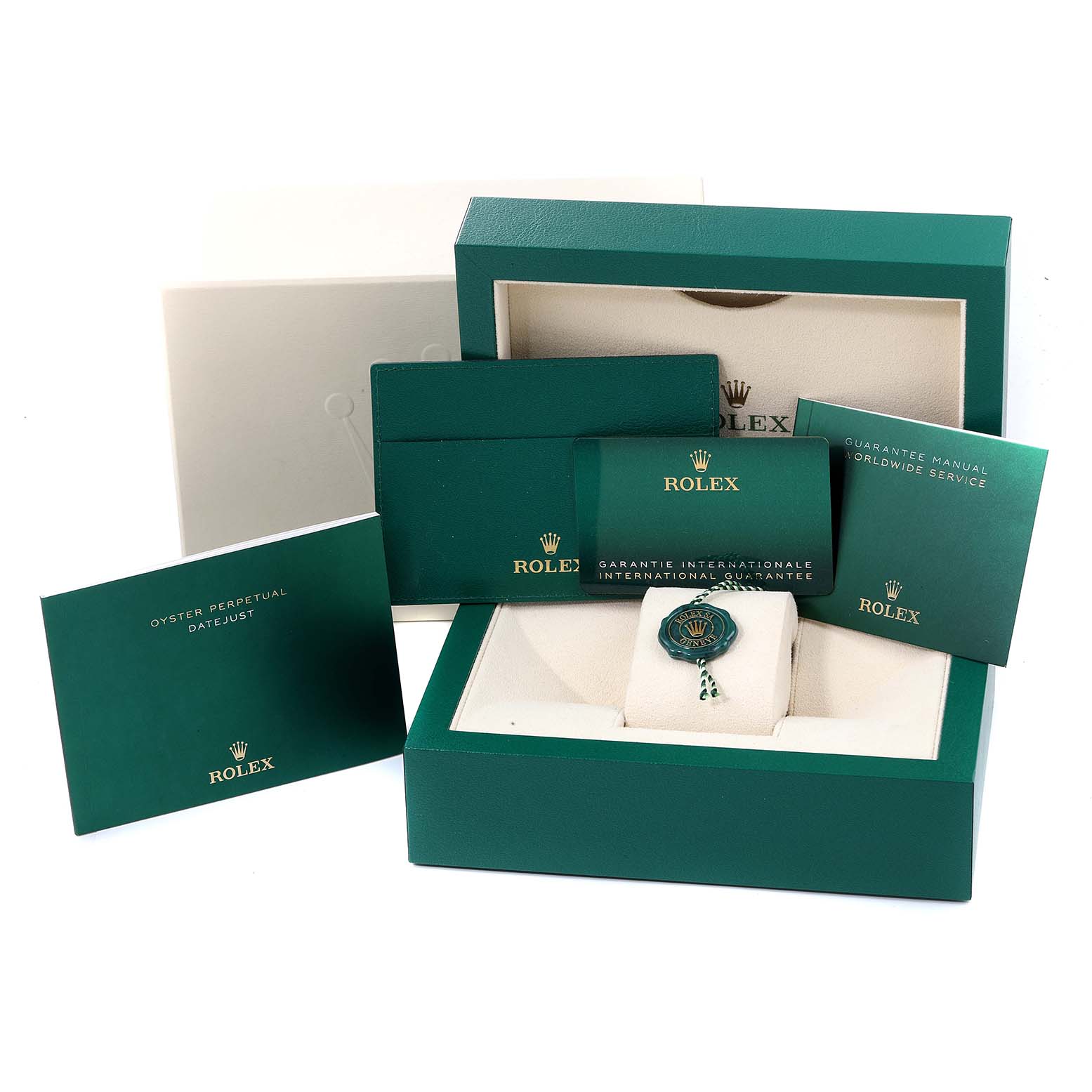 The image shows the packaging and documentation for a Rolex Datejust 41 126331 Men's Steel and Gold (two tone) Grey Dial 126331 Men's Steel and Gold (two tone) Grey Dial, including the box, manual, warranty card, and tag.