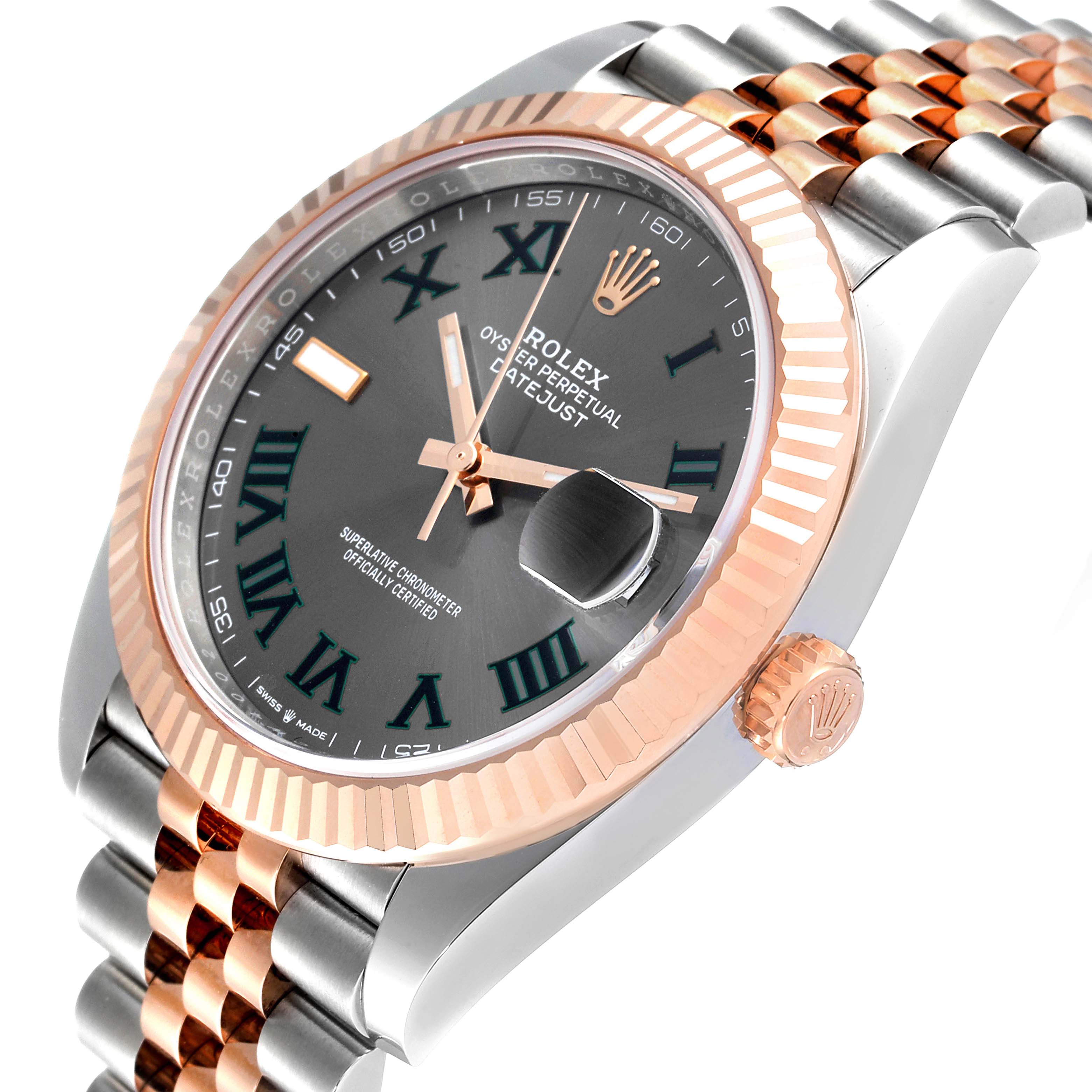 The photo shows the dial, bezel, crown, and part of the bracelet of the Rolex Datejust 41 126331 Men's Steel and Gold (two tone) Grey Dial 126331 Men's Steel and Gold (two tone) Grey Dial model at a slight angle.