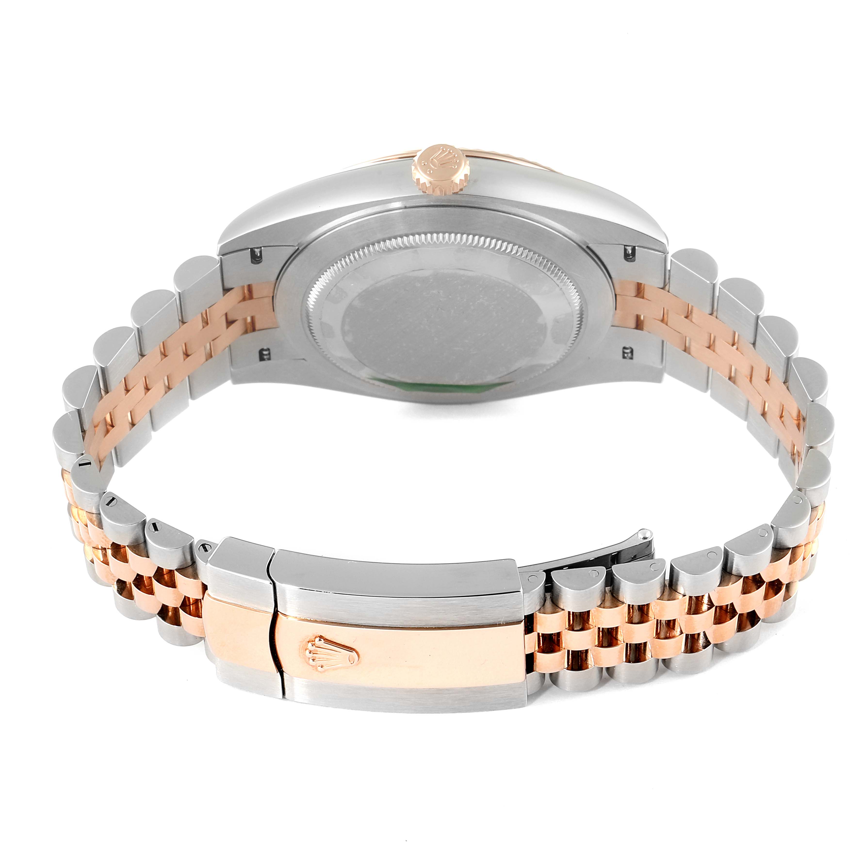 The image shows the back view of a Rolex Datejust 41 126331 Men's Steel and Gold (two tone) Grey Dial 126331 Men's Steel and Gold (two tone) Grey Dial watch, including the case, crown, and Jubilee bracelet.