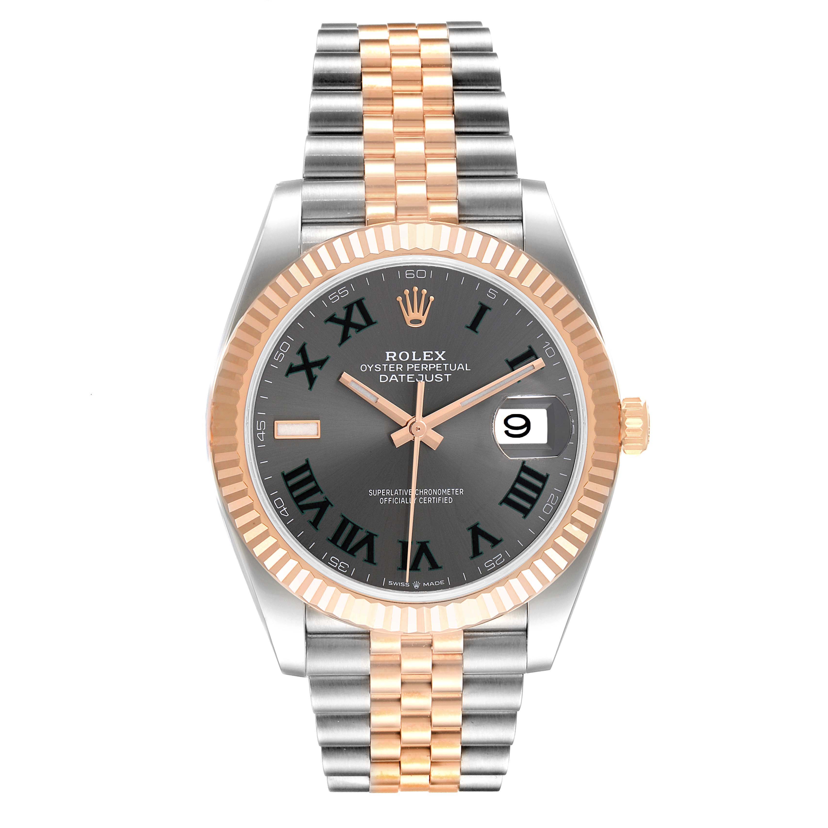 The image shows a front view of a Rolex Datejust 41 126331 Men's Steel and Gold (two tone) Grey Dial 126331 Men's Steel and Gold (two tone) Grey Dial watch, featuring a two-tone band, black dial, and date display.