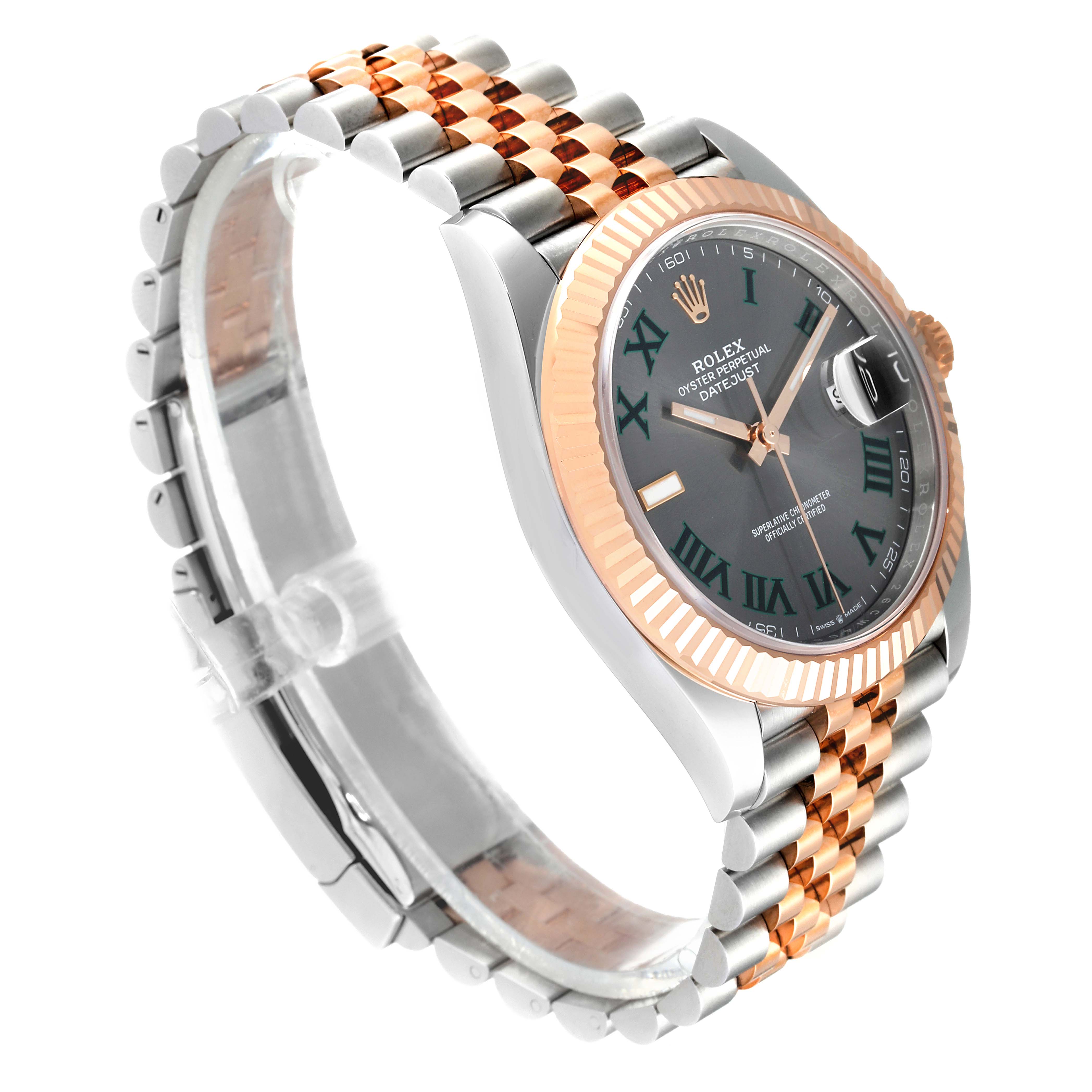 The image shows a Rolex Datejust 41 126331 Men's Steel and Gold (two tone) Grey Dial 126331 Men's Steel and Gold (two tone) Grey Dial watch angled from the side, highlighting the face, bezel, and bracelet.