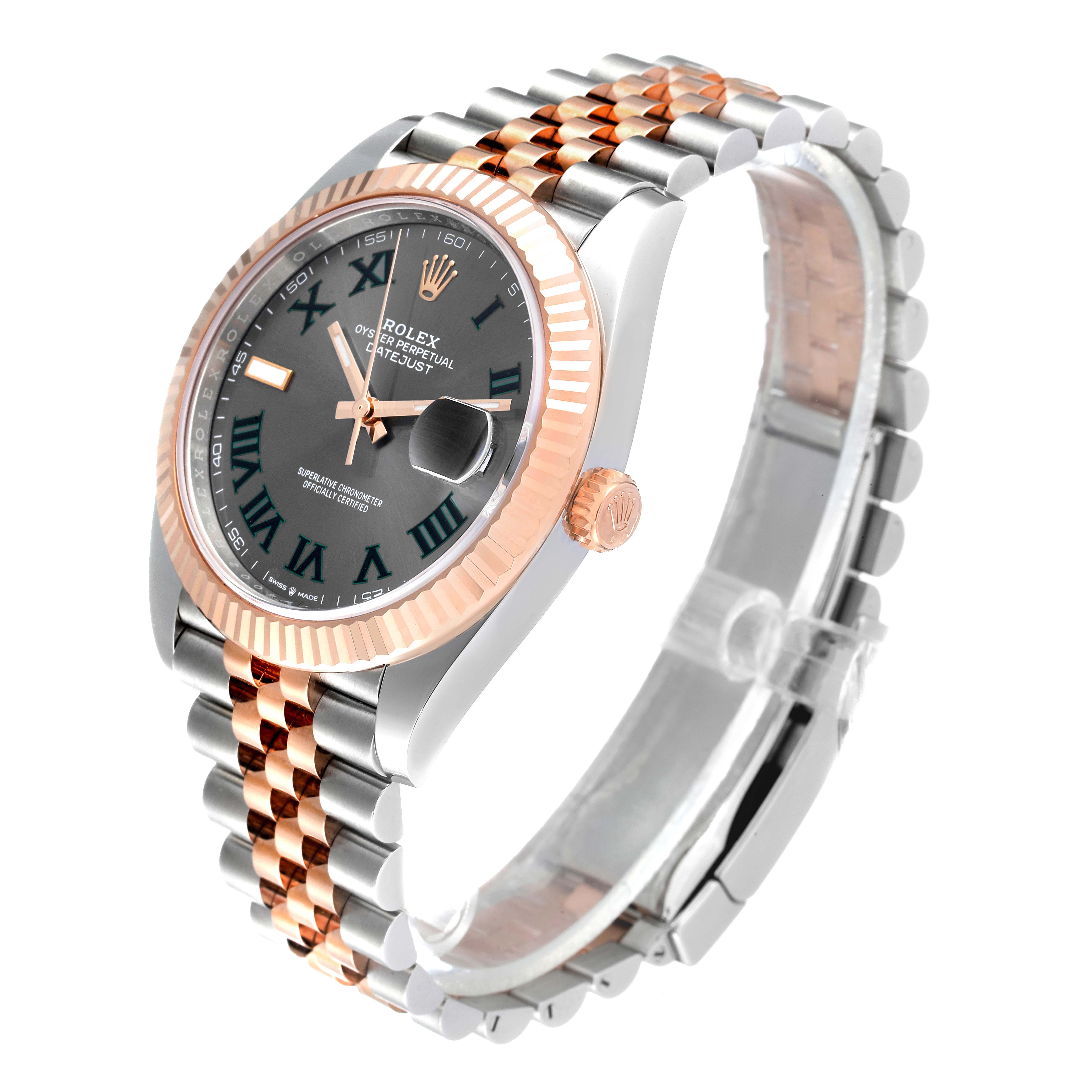 The image shows a side and front view of a Rolex Datejust 41 126331 Men's Steel and Gold (two tone) Grey Dial 126331 Men's Steel and Gold (two tone) Grey Dial watch with a two-tone bracelet and fluted bezel.