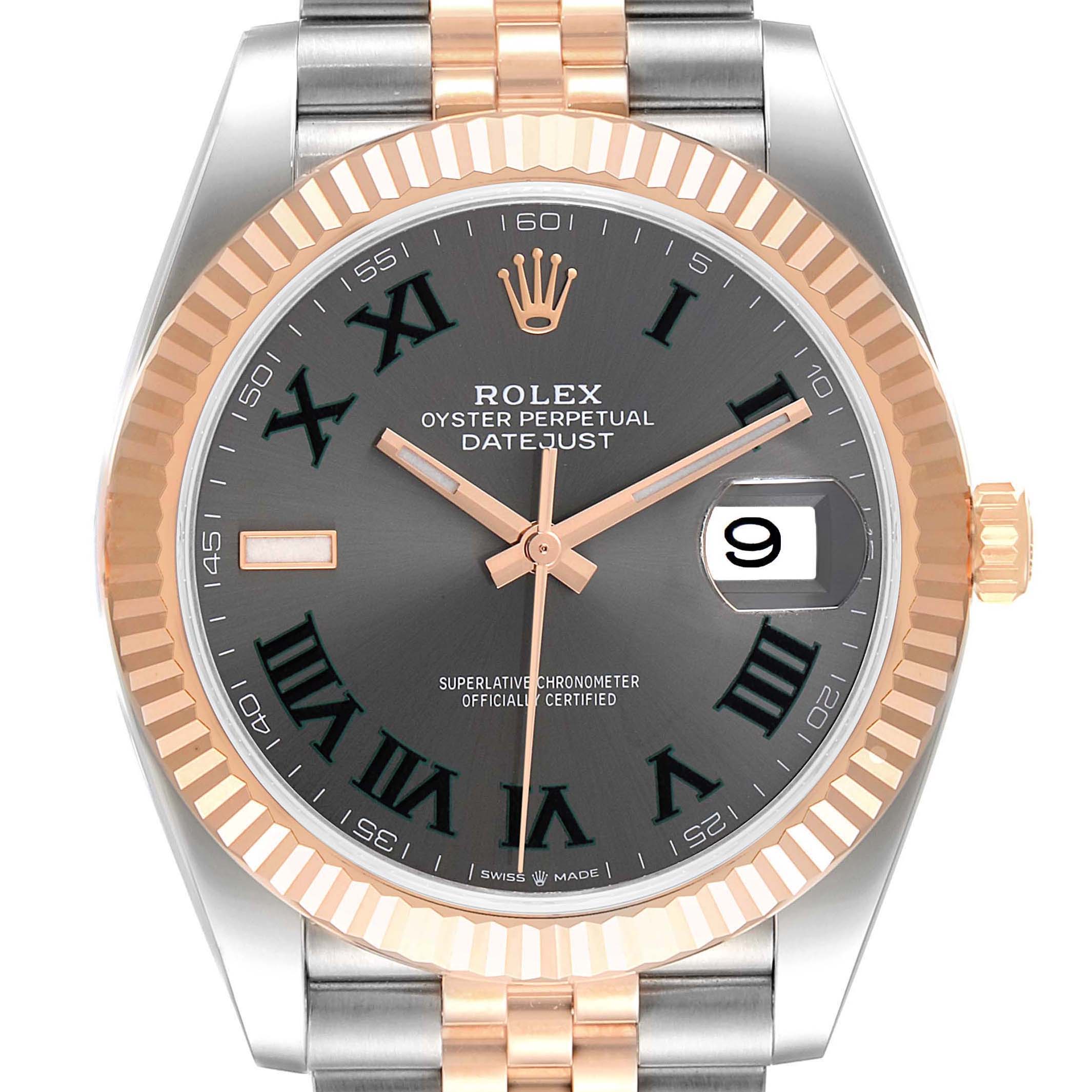 This image shows a front view of the Rolex Datejust 41 126331 Men's Steel and Gold (two tone) Grey Dial 126331 Men's Steel and Gold (two tone) Grey Dial watch, highlighting its dial, hands, date window, and bezel.