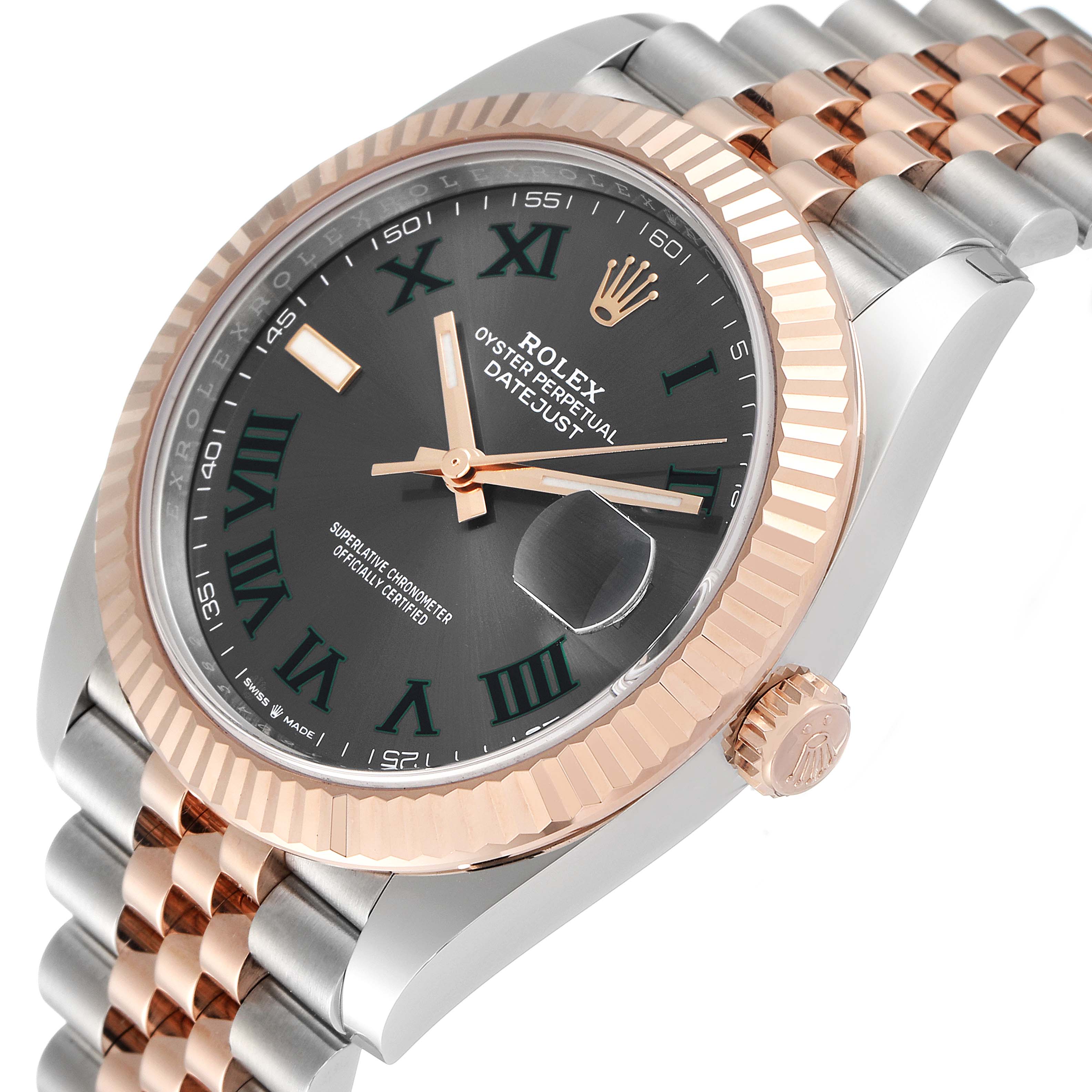The image shows a close-up angle of a Rolex Datejust 41 126331 Men's Steel and Gold (two tone) Grey Dial 126331 Men's Steel and Gold (two tone) Grey Dial watch, highlighting the face, bezel, crown, and part of the bracelet.