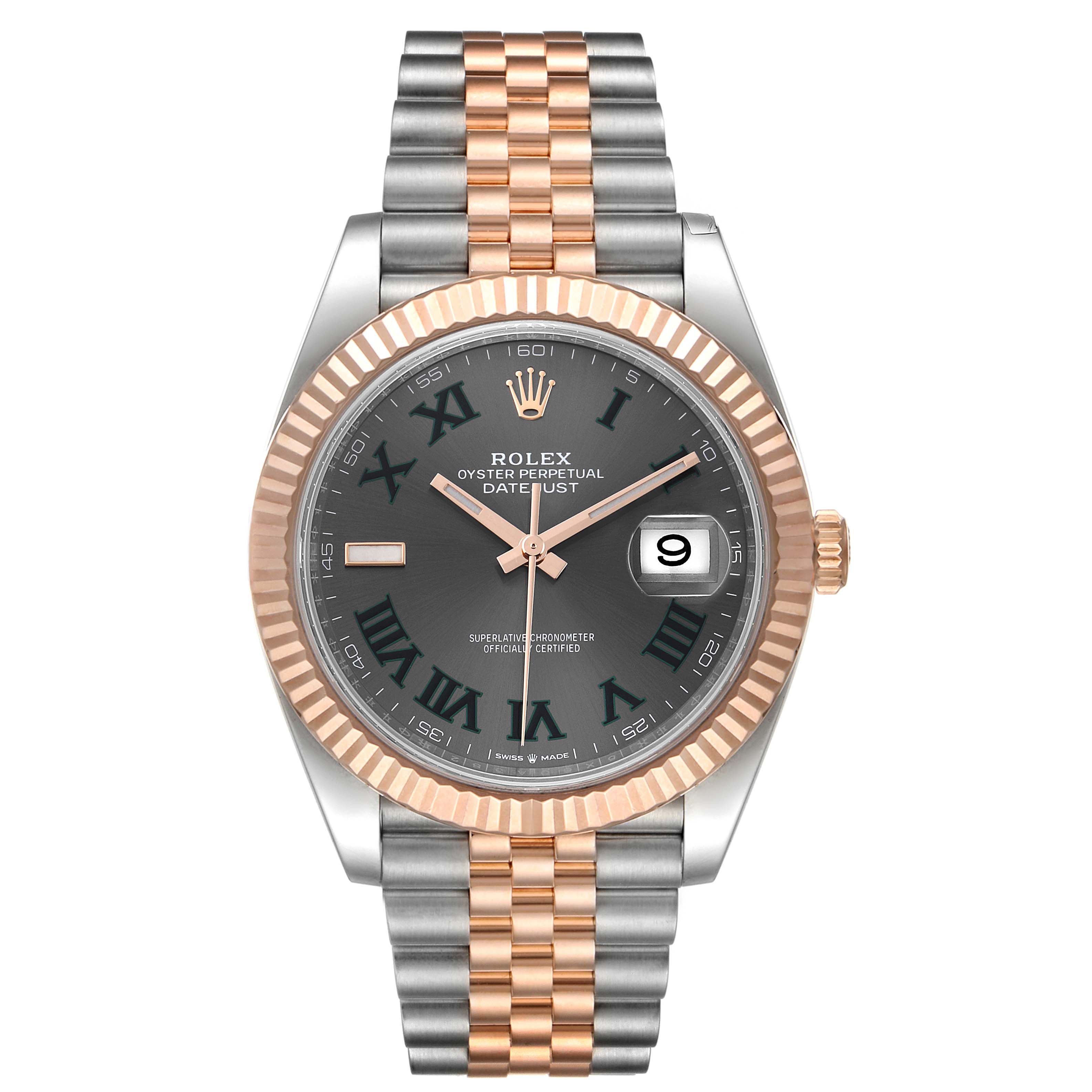 The image shows a front view of a Rolex Datejust 41 126331 Men's Steel and Gold (two tone) Grey Dial 126331 Men's Steel and Gold (two tone) Grey Dial watch, displaying its face, dial, bezel, and Jubilee bracelet.