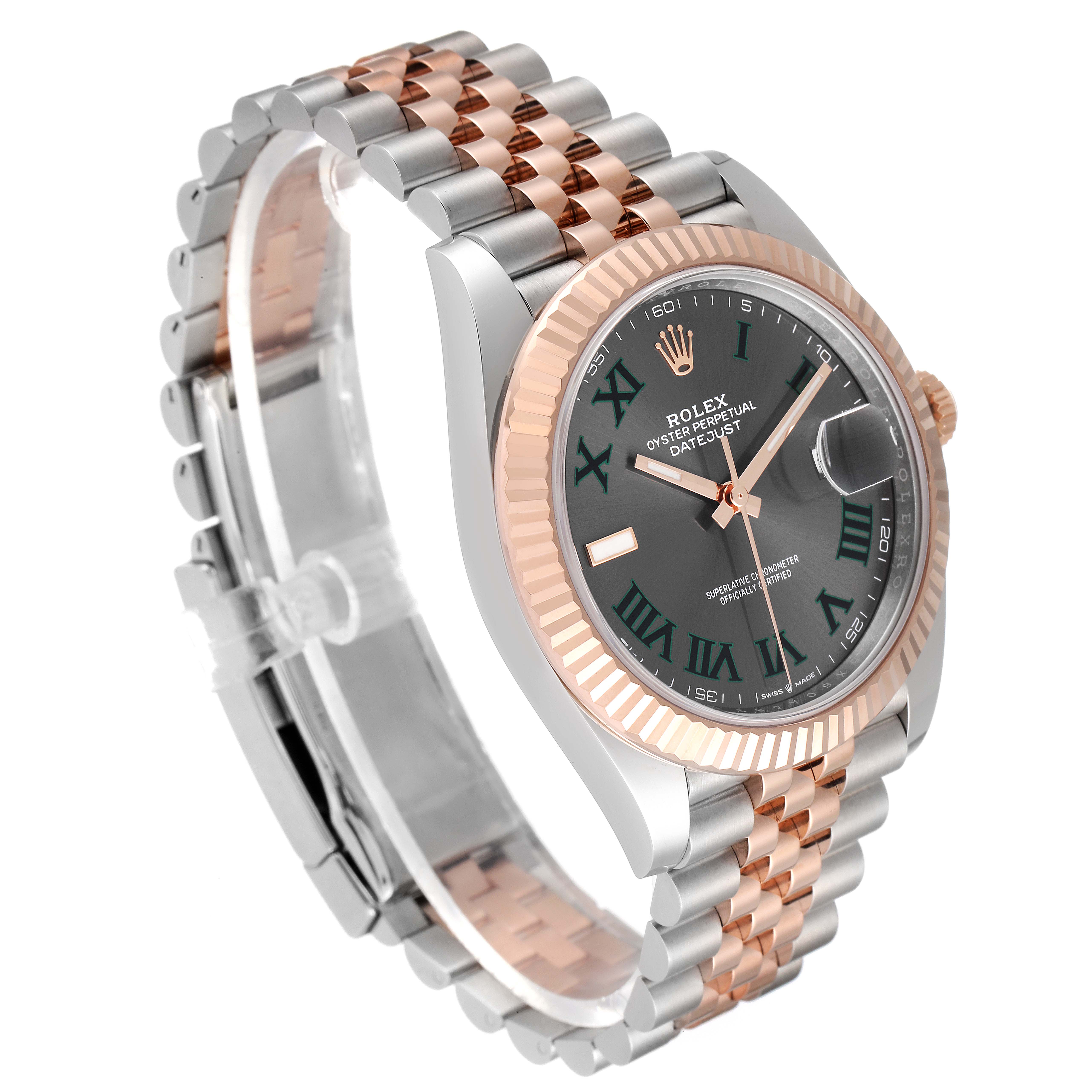 The image shows a Rolex Datejust 41 126331 Men's Steel and Gold (two tone) Grey Dial 126331 Men's Steel and Gold (two tone) Grey Dial watch at an angled front view, highlighting its dial, bezel, and two-tone bracelet.