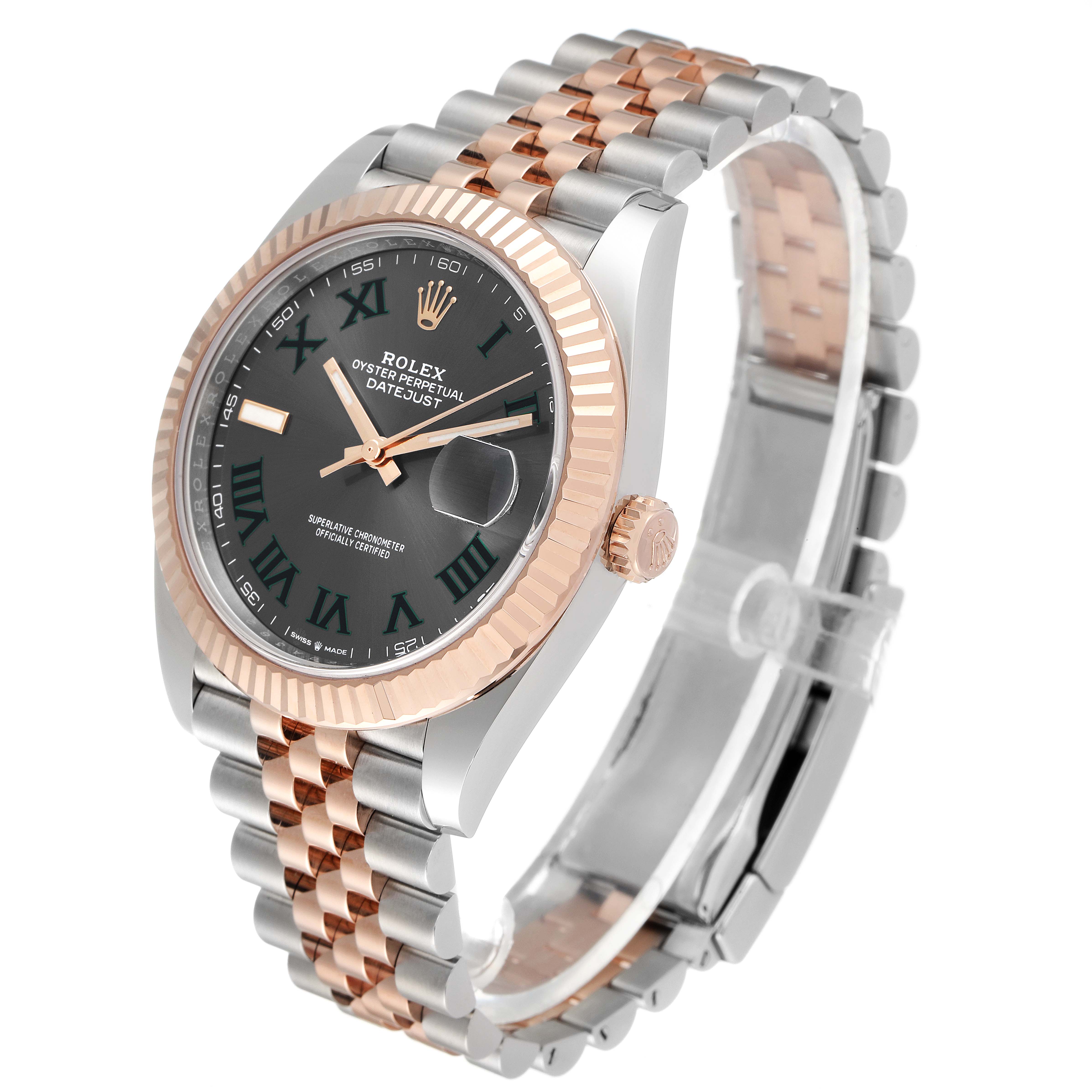 The image shows a Rolex Datejust 41 126331 Men's Steel and Gold (two tone) Grey Dial 126331 Men's Steel and Gold (two tone) Grey Dial watch at an angle displaying its face, bezel, crown, and two-tone bracelet.