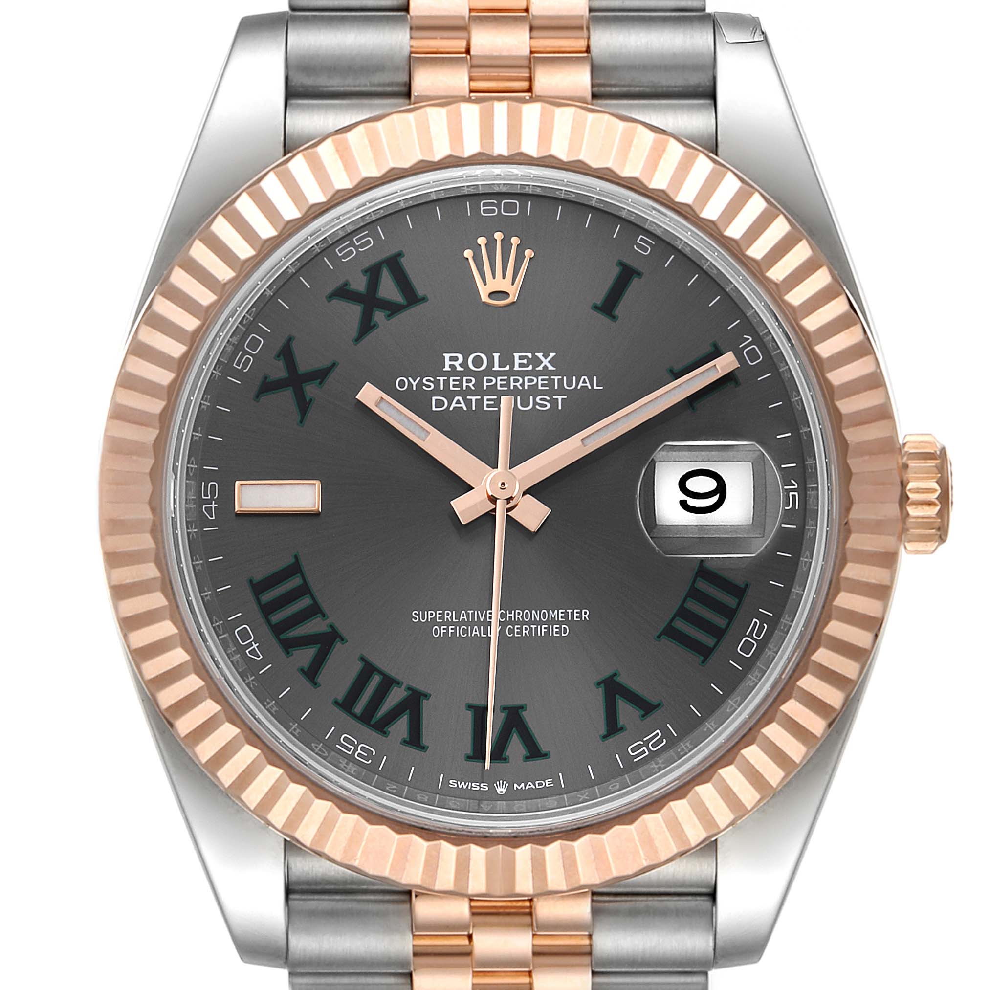 This image shows a front view of the Rolex Datejust 41 126331 Men's Steel and Gold (two tone) Grey Dial 126331 Men's Steel and Gold (two tone) Grey Dial watch, highlighting its fluted bezel, jubilee bracelet, and cyclops date window.
