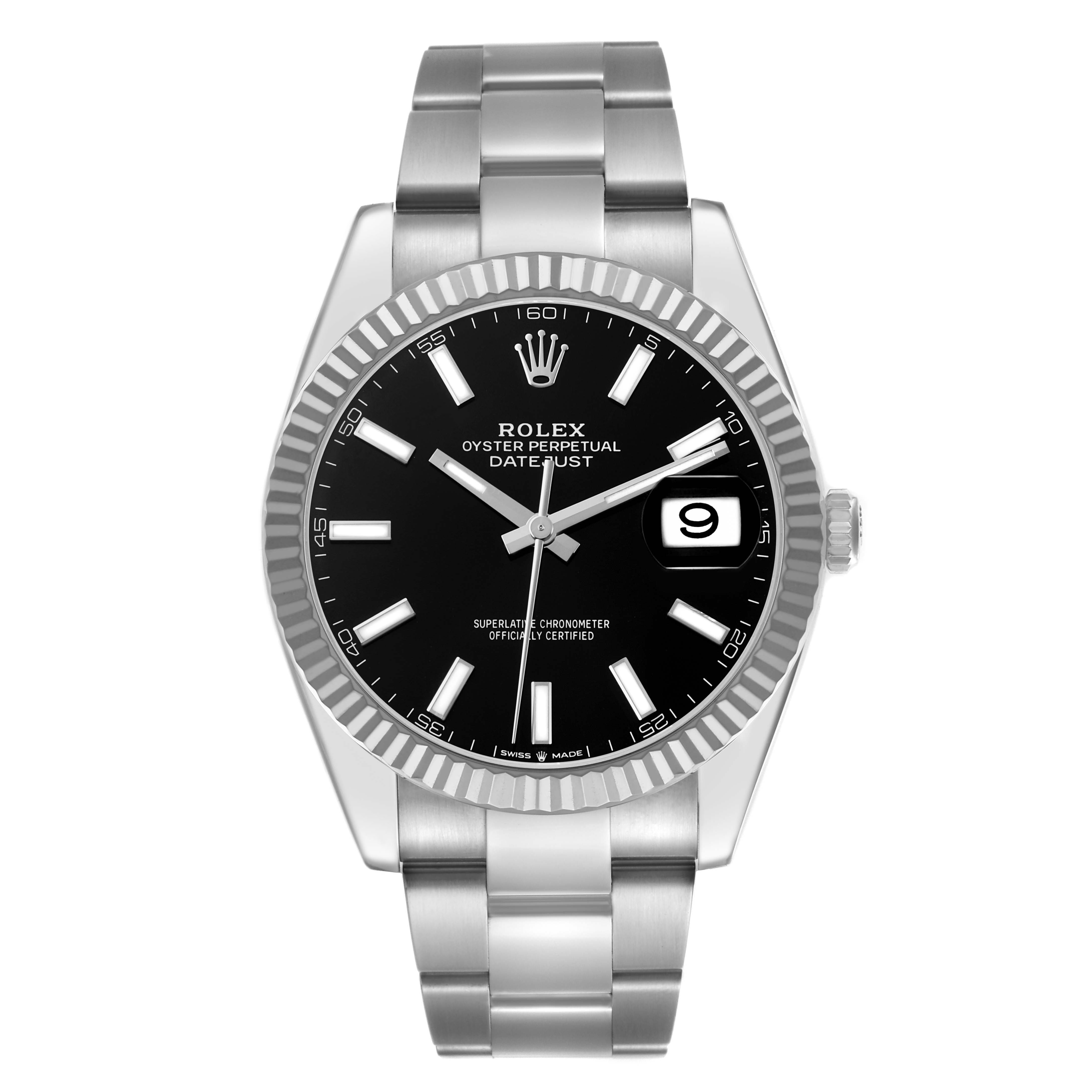 The Rolex Datejust 41 126334 Men's Stainless Steel Black Dial watch is shown from a top-down angle, displaying its face, bezel, and part of the bracelet.