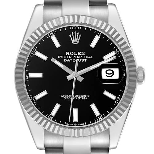 The Rolex Datejust 41 126334 Men's Stainless Steel Black Dial is shown from a front angle, featuring its black dial, fluted bezel, and date window.