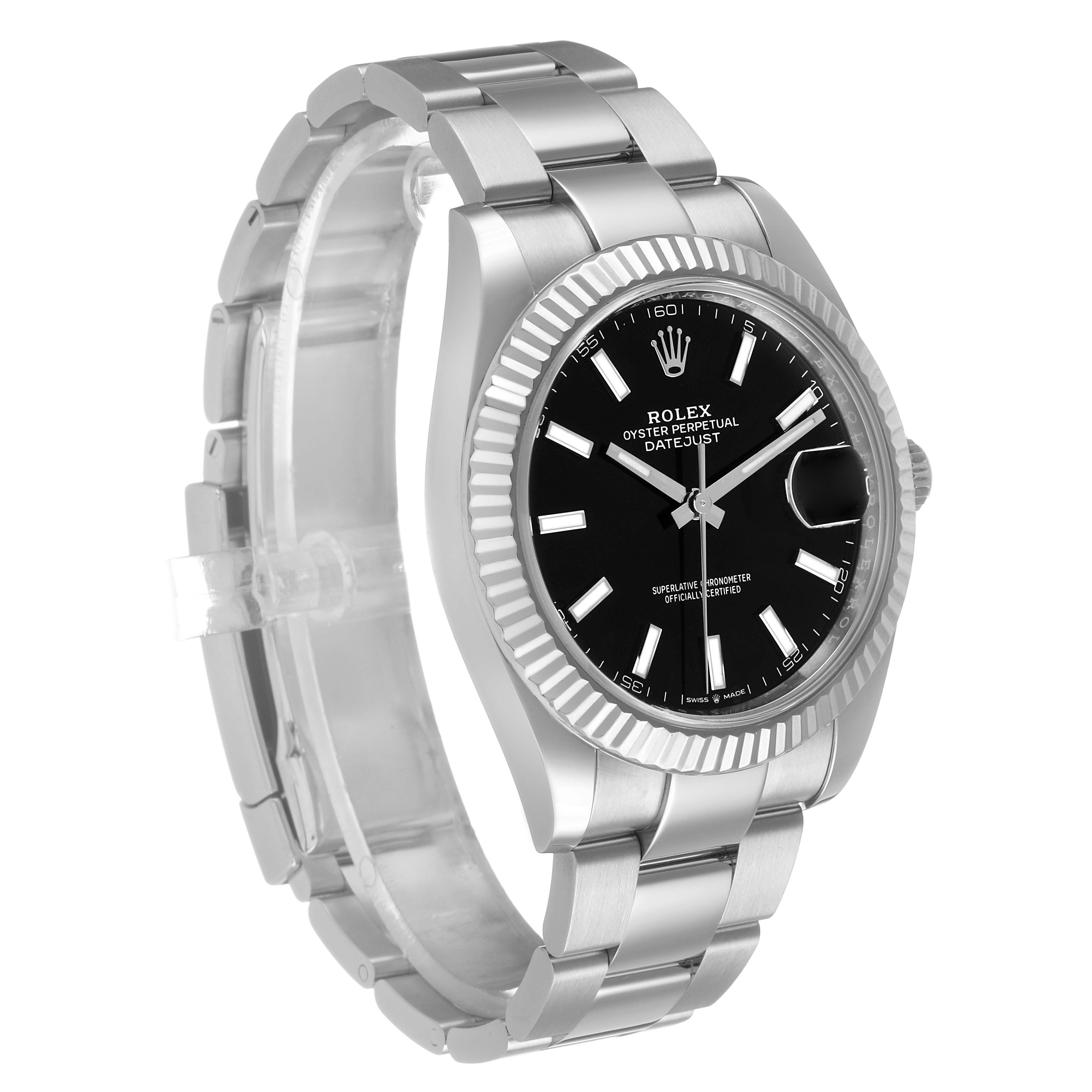 The Rolex Datejust 41 126334 Men's Stainless Steel Black Dial is shown at a three-quarter angle, highlighting the bezel, dial, bracelet, and crown.