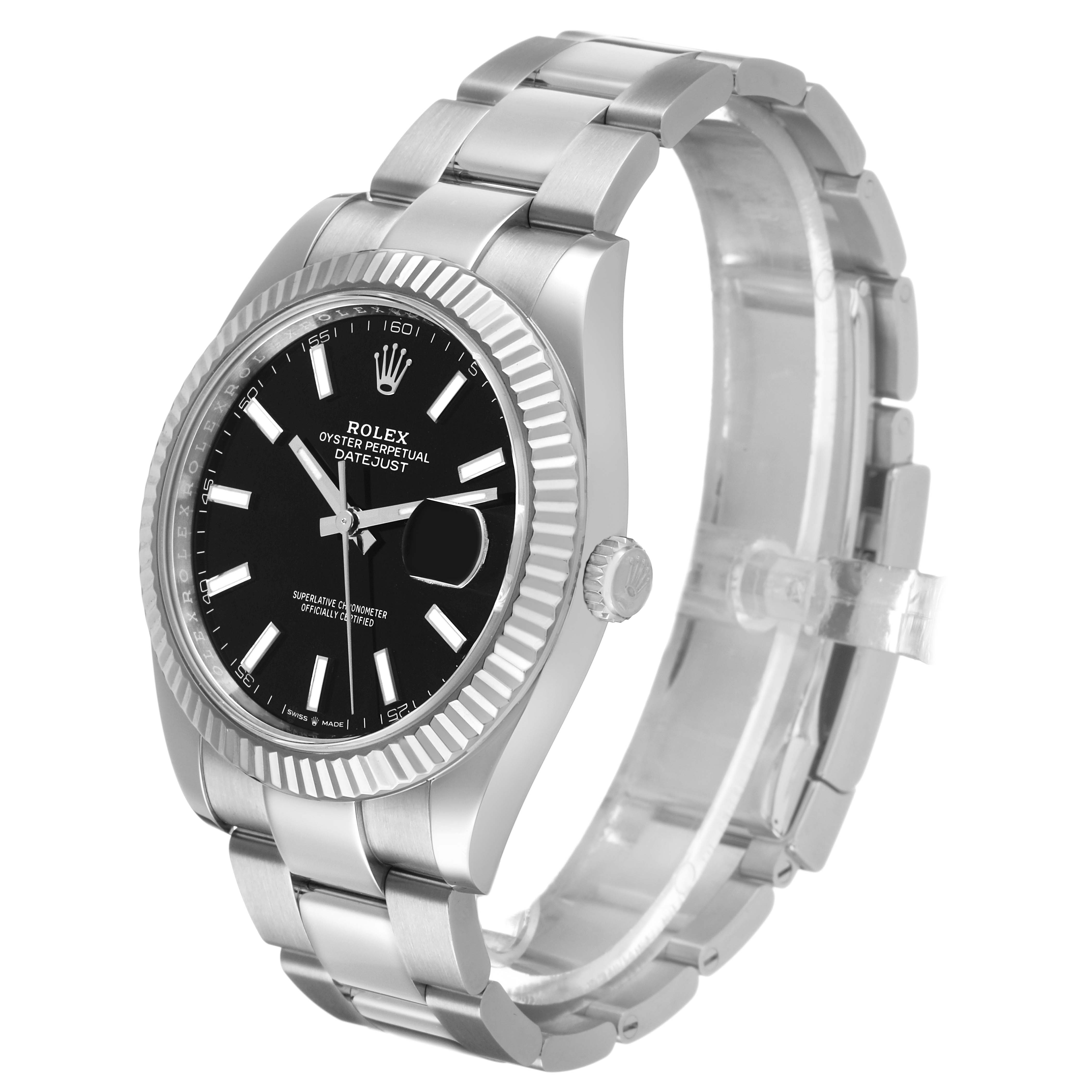 The Rolex Datejust 41 126334 Men's Stainless Steel Black Dial model is shown at a three-quarter angle, highlighting the bezel, dial, bracelet, and crown.